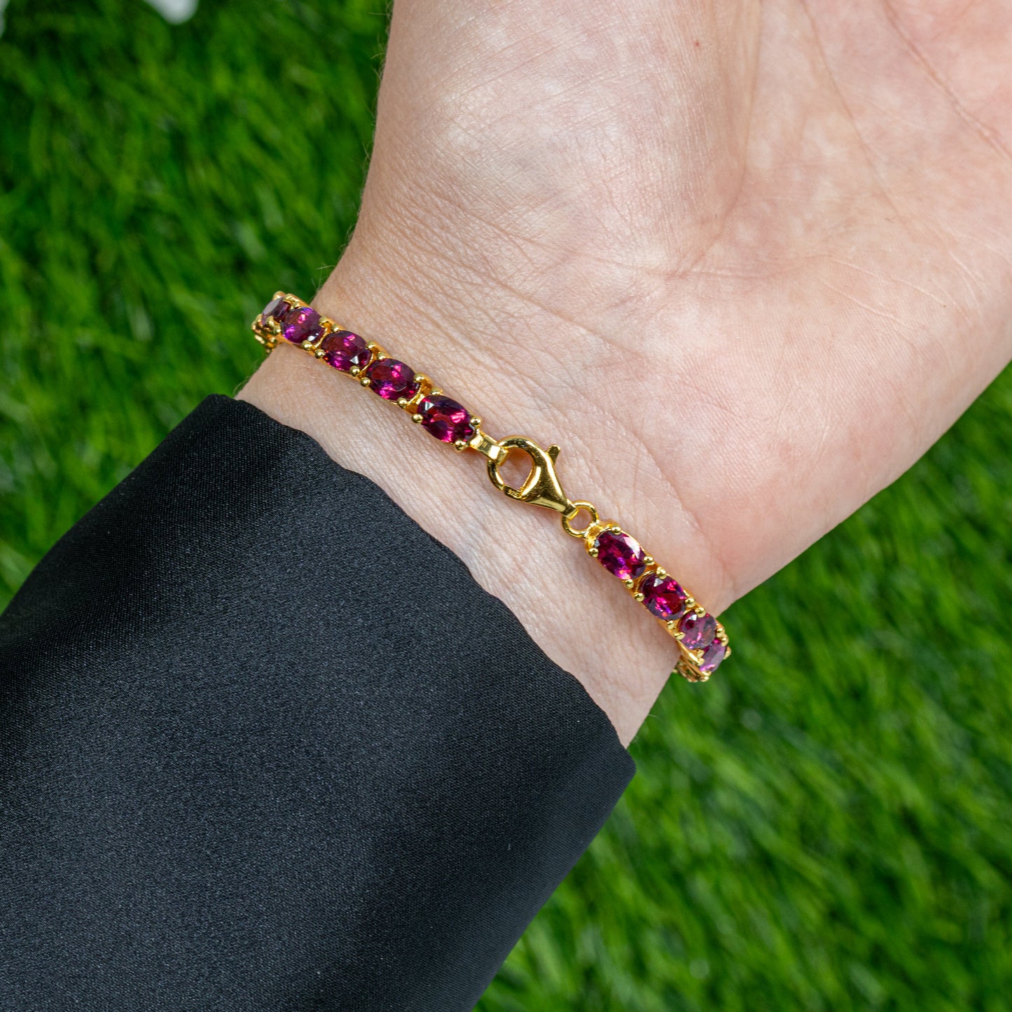 Natural Rhodolite Garnet Tennis Bracelet 15 Carats 24K Yellow Gold Plated Silver