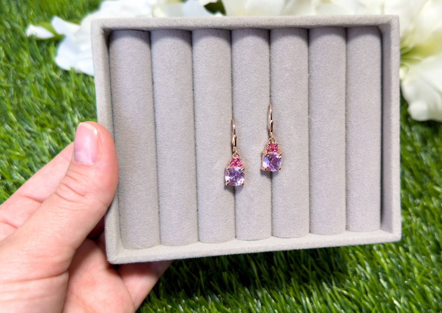 Pink Amethyst Dangle Earrings With Rhodolites 4.90 Carats Rose Gold Plated