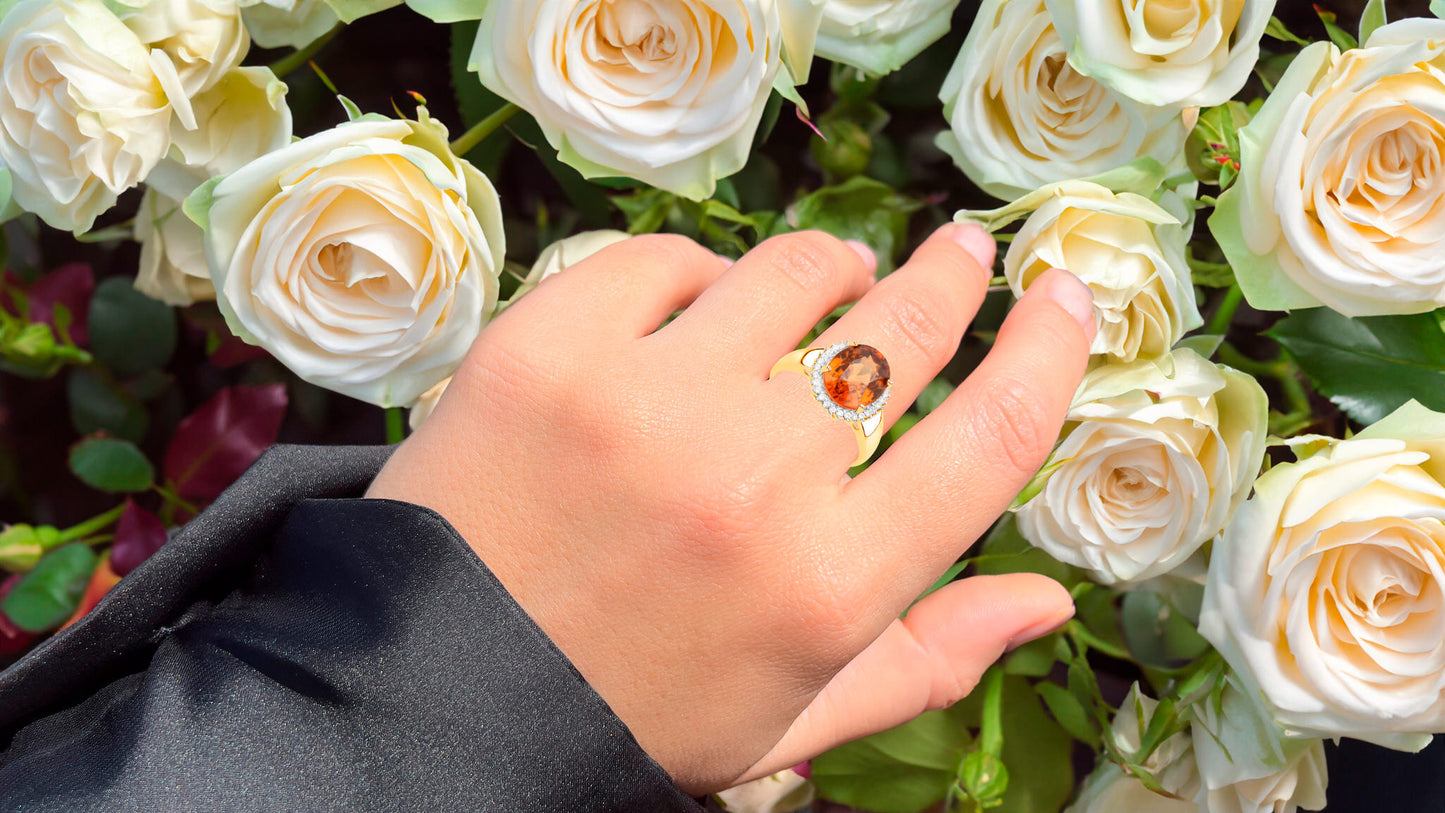 Zanzibar Orange Zircon Ring White Zircon Halo 3.95 Carats 14K Yellow Gold Plated