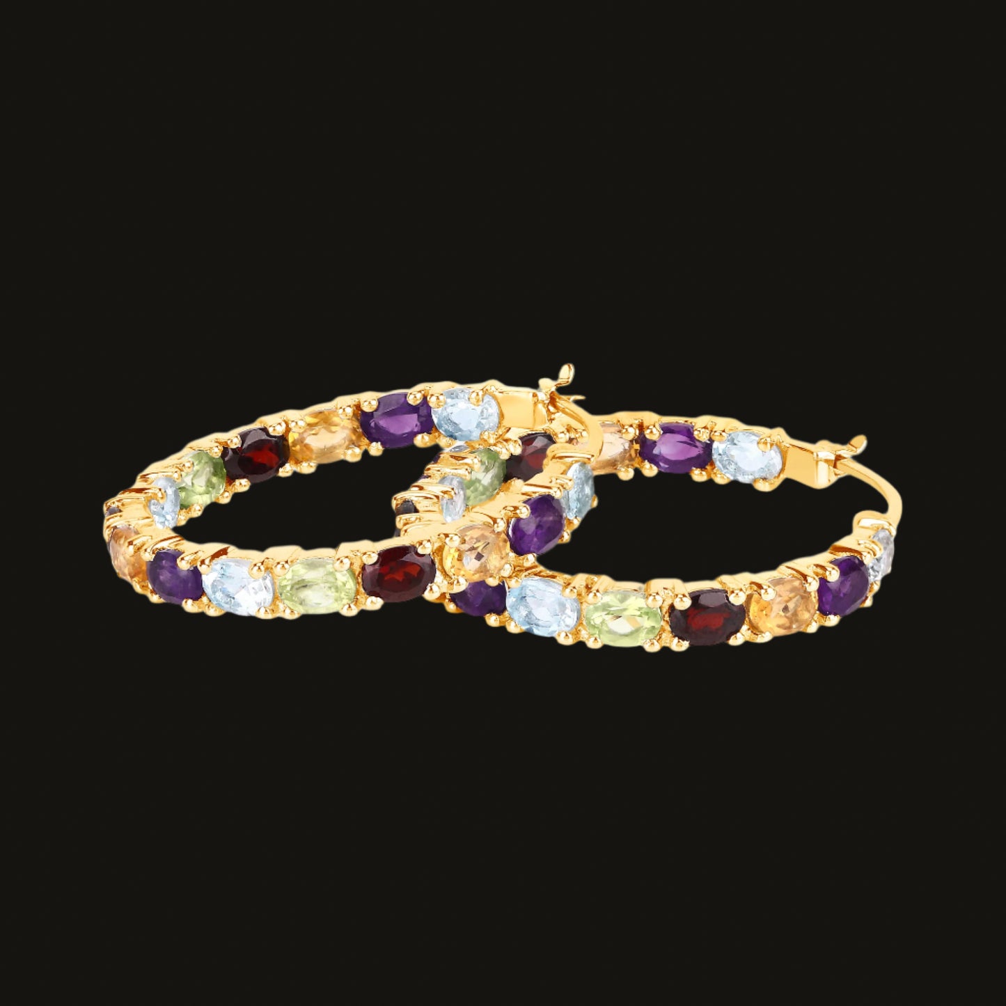 Multicolor Gemstones Hoop Earrings 5.4 Carats 14K Yellow Gold Plated Silver