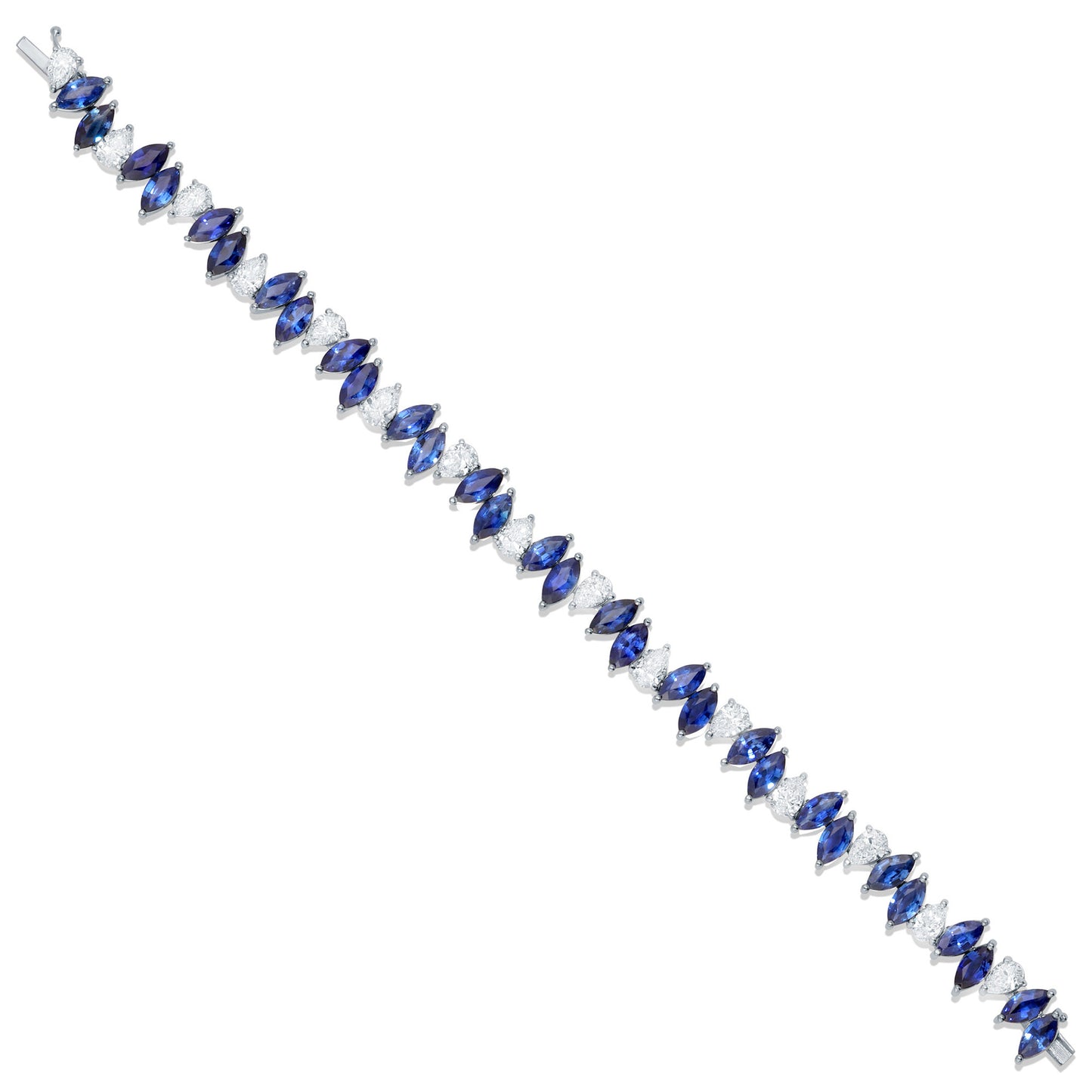 Marquise Blue Sapphires and Pear Diamonds Tennis Bracelet 17.5 Carats 18K Gold
