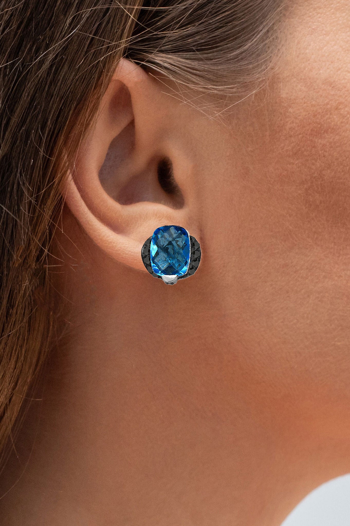Swiss Blue Topaz Earrings With Black Diamond 3.70 Carats Sterling Silver