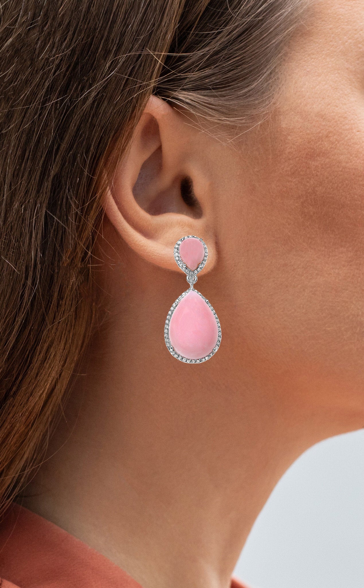 Pink Opal Dangle Earrings White Topaz 24 Carats Rhodium Plated Silver