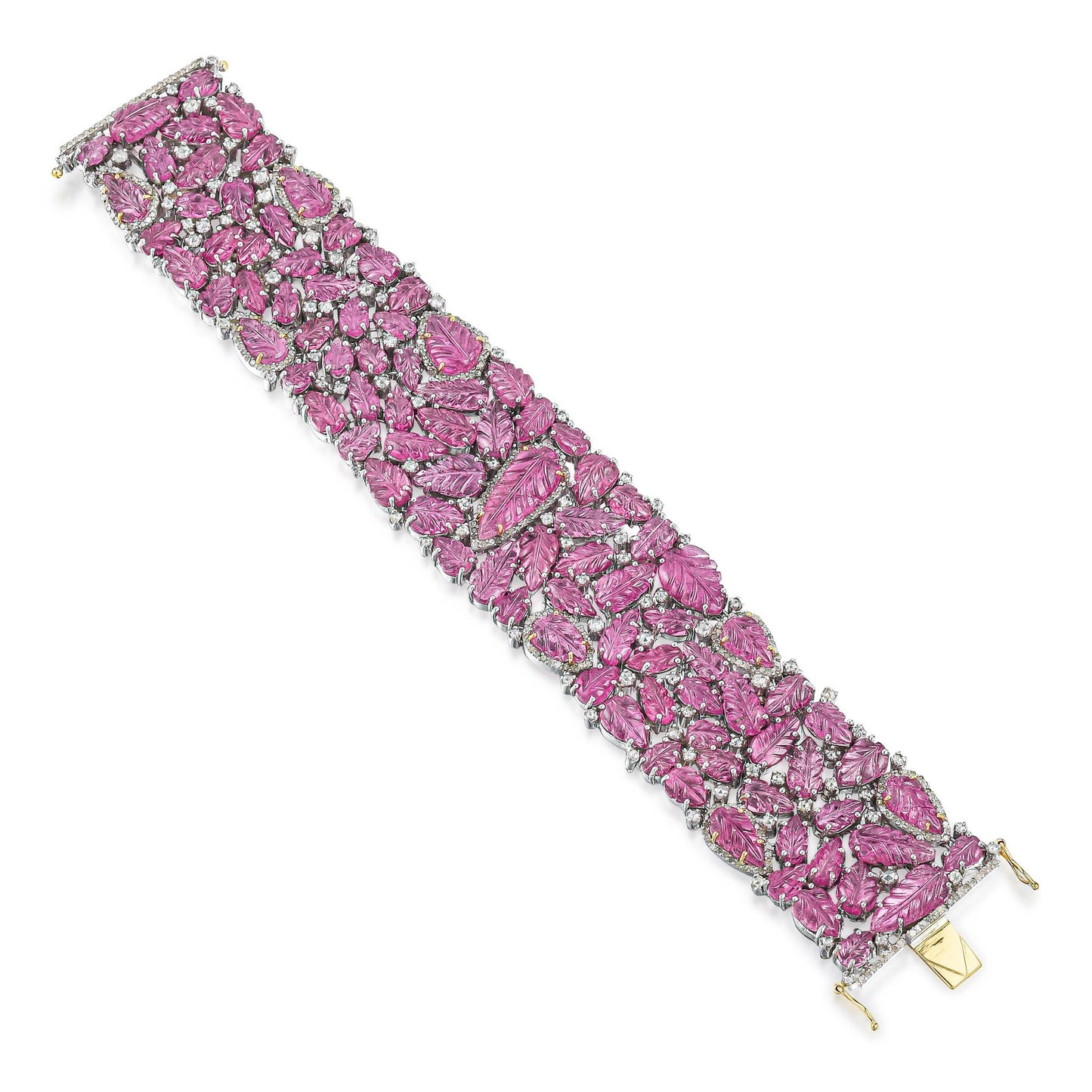 Hand Carved Pink Tourmaline Bracelet Set With Diamonds 82 Carats Total