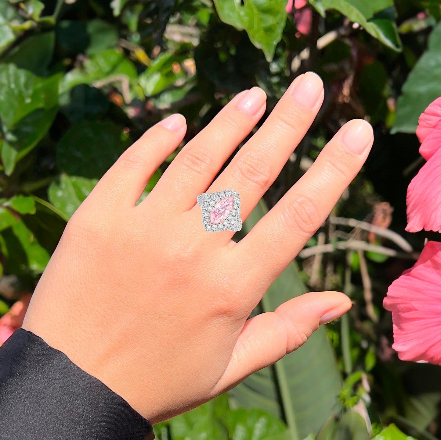 GIA Certified Pink Diamond Cocktail Ring Diamond Halo 3.8 Carats Total 18K Gold
