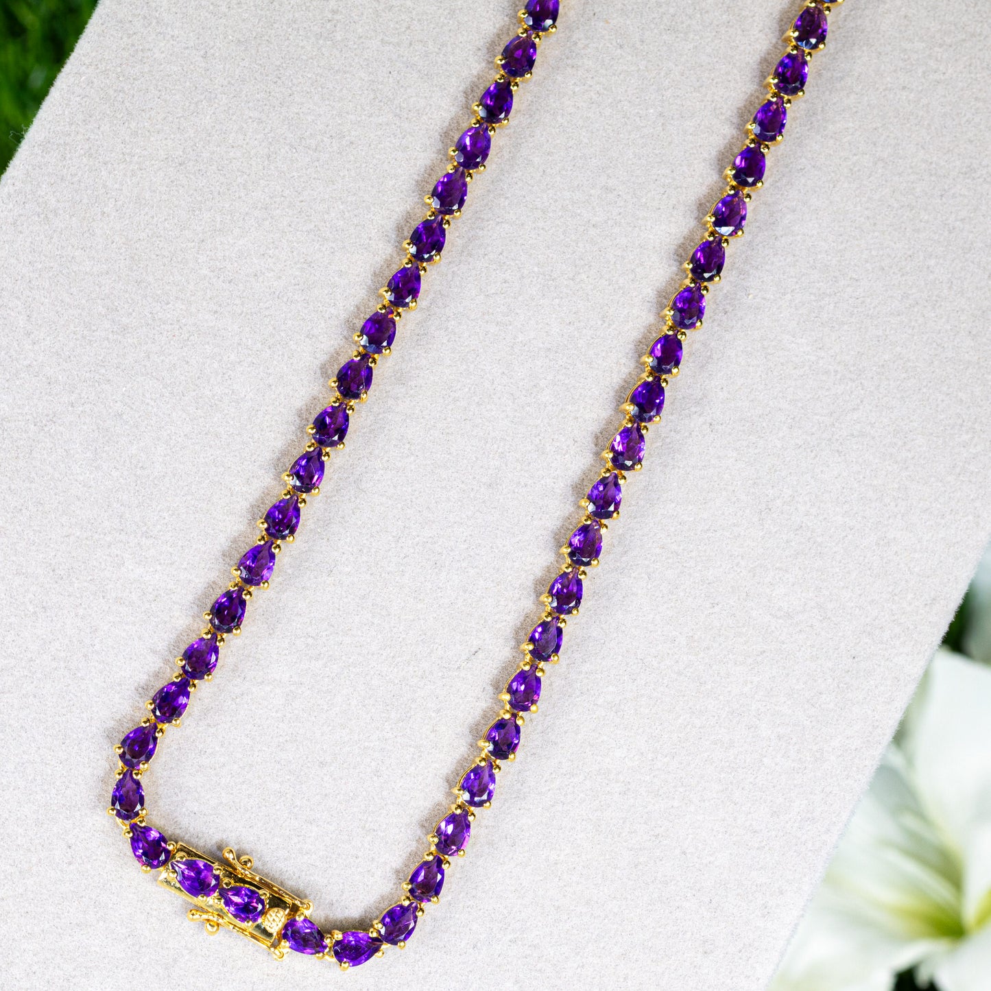 Natural Amethyst Double Drop Necklace 32 Carats 24K Yellow Gold Plated Silver