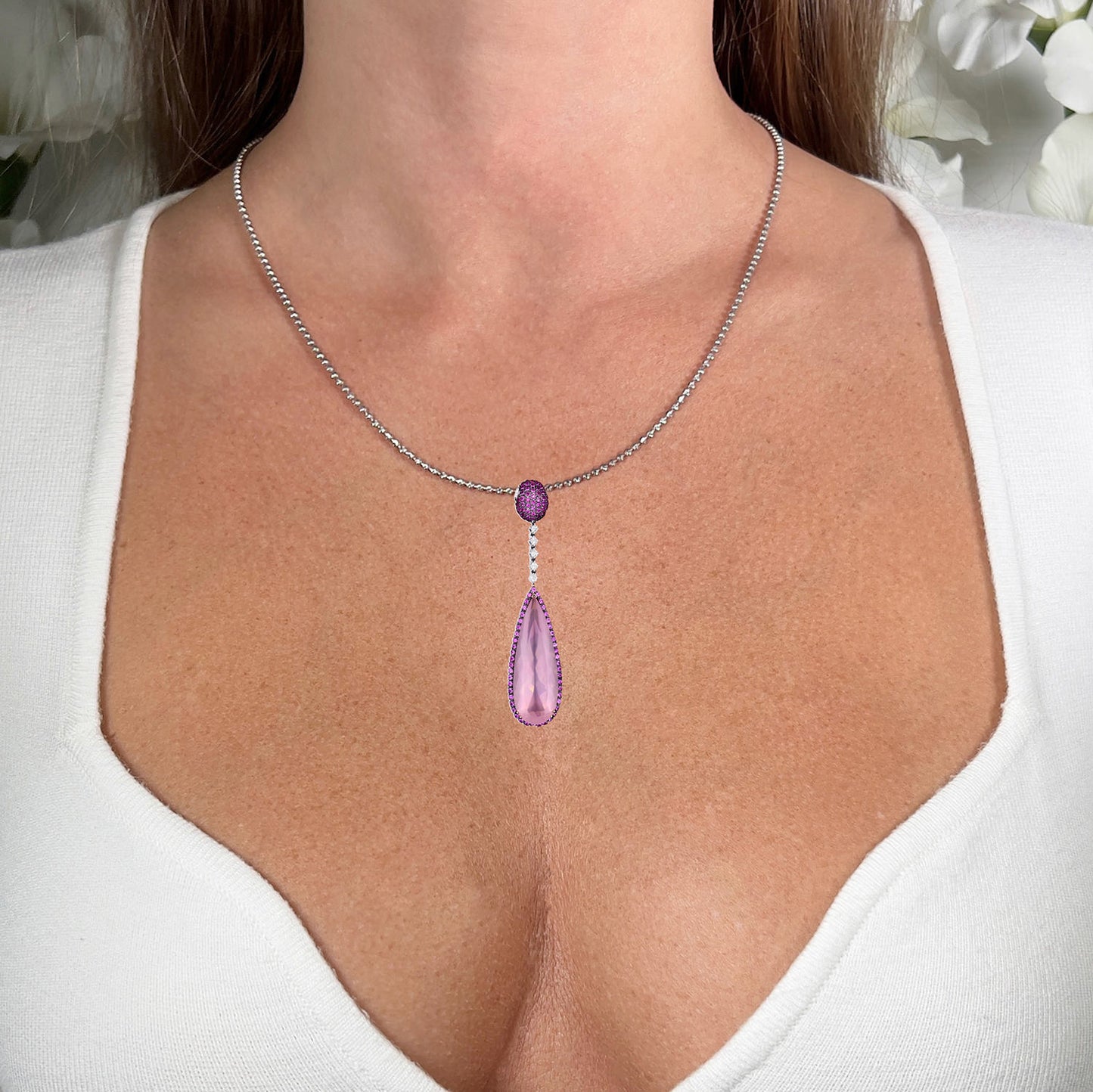 Rose Quartz Pendant Pink Sapphires and Diamonds 17 Carats 18K Gold