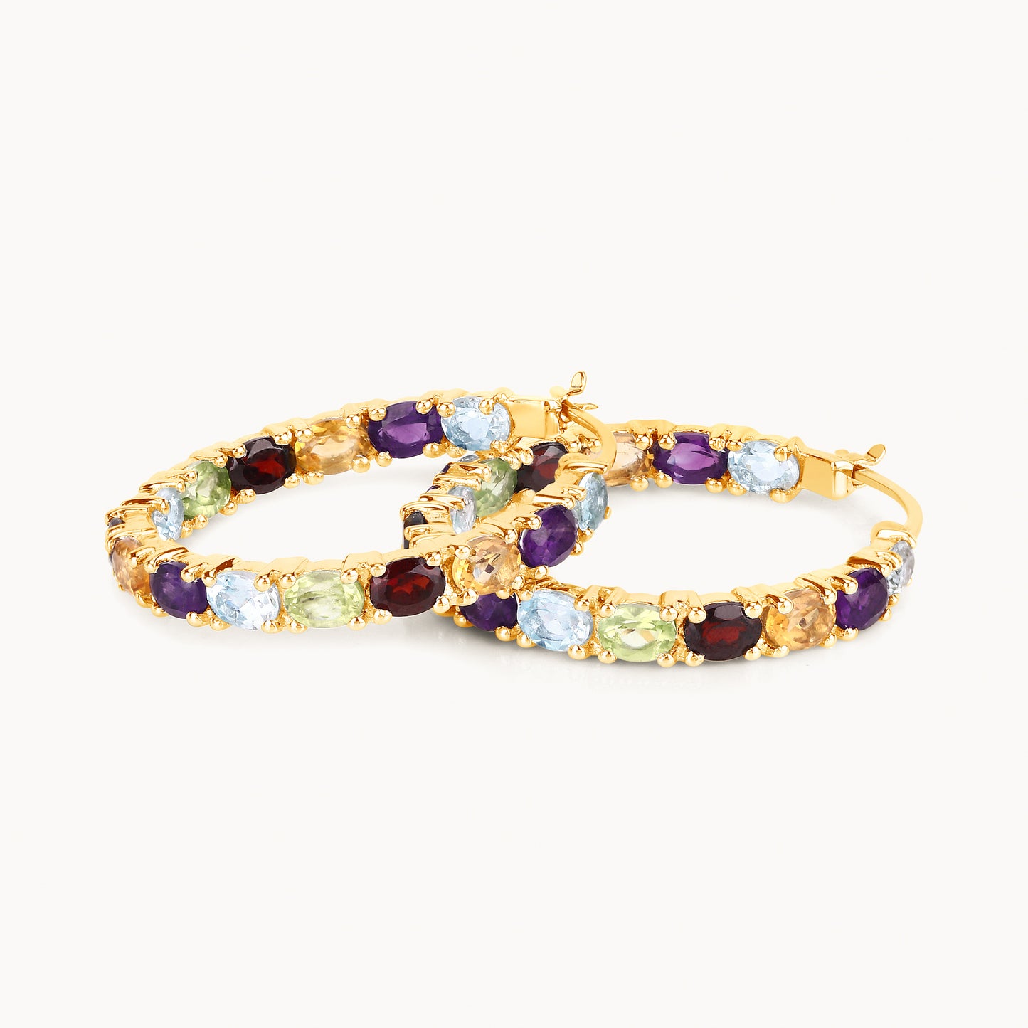 Multicolor Gemstones Hoop Earrings 5.4 Carats 14K Yellow Gold Plated Silver
