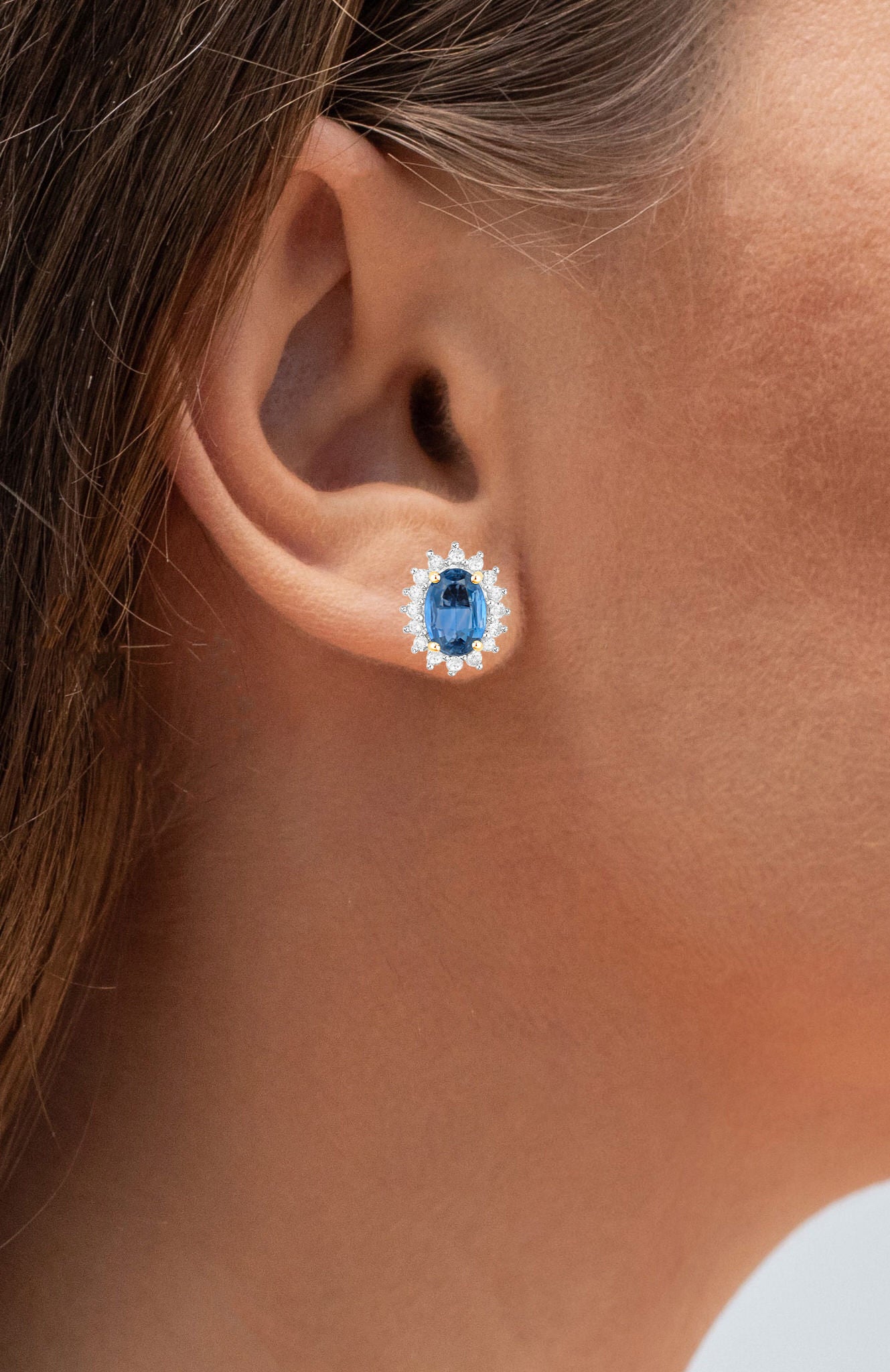 Blue Sapphire Earrings Halo Diamonds 2.2 Carats 14K Yellow Gold