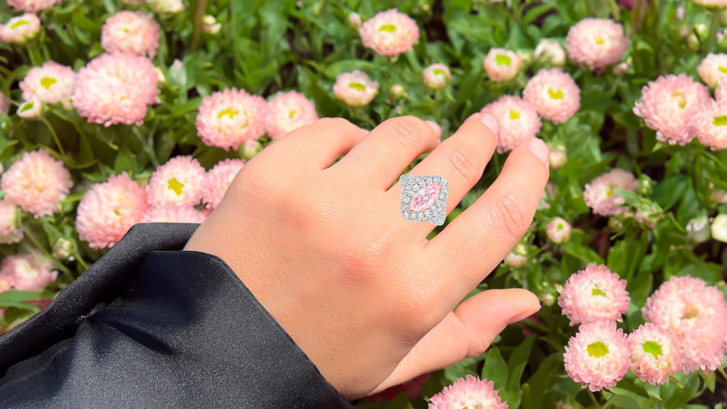 GIA Certified Pink Diamond Cocktail Ring Diamond Halo 3.8 Carats Total 18K Gold