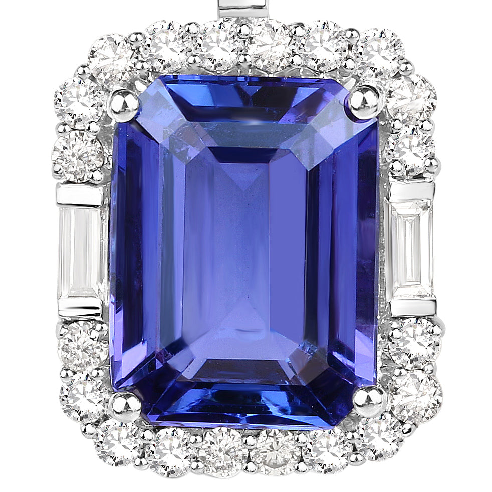 Tanzanite Pendant Necklace Diamond Halo 9 Carats 18K White Gold