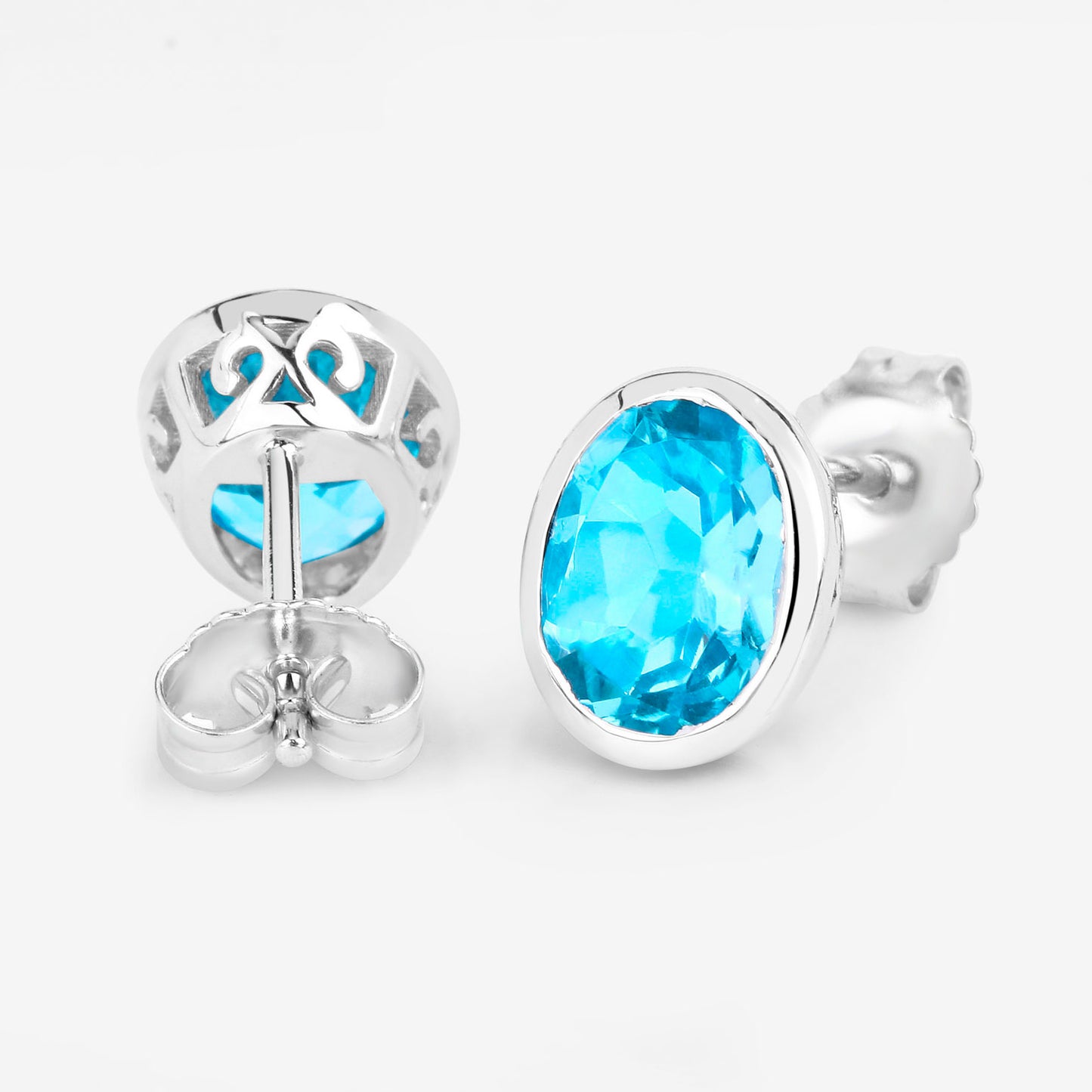 Swiss Blue Topaz Earrings 4 Carats Bezel Set Sterling Silver