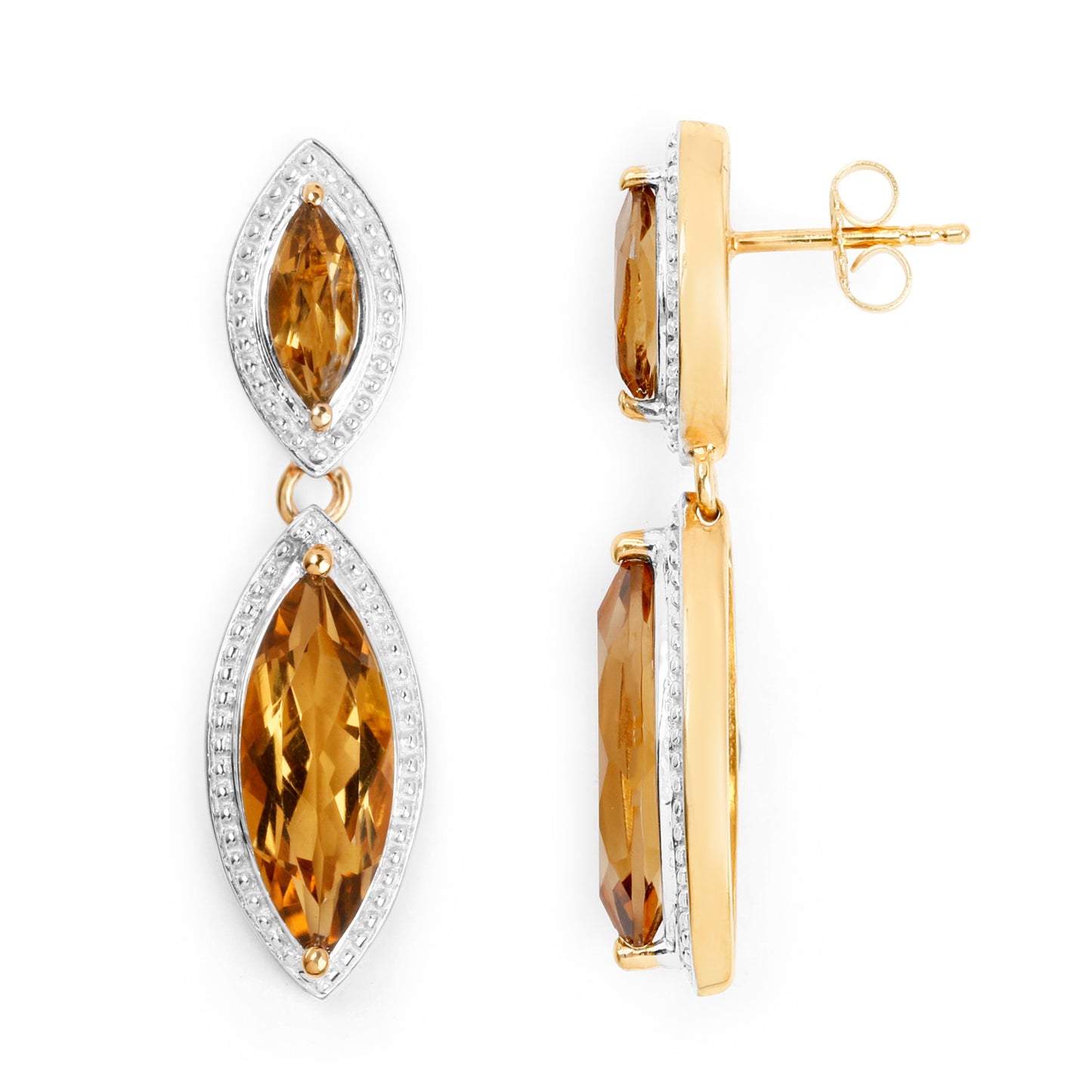 Champagne Quartz Dangle Earrings 8.48 Carats 14K Yellow Gold Plated Sterling Silver