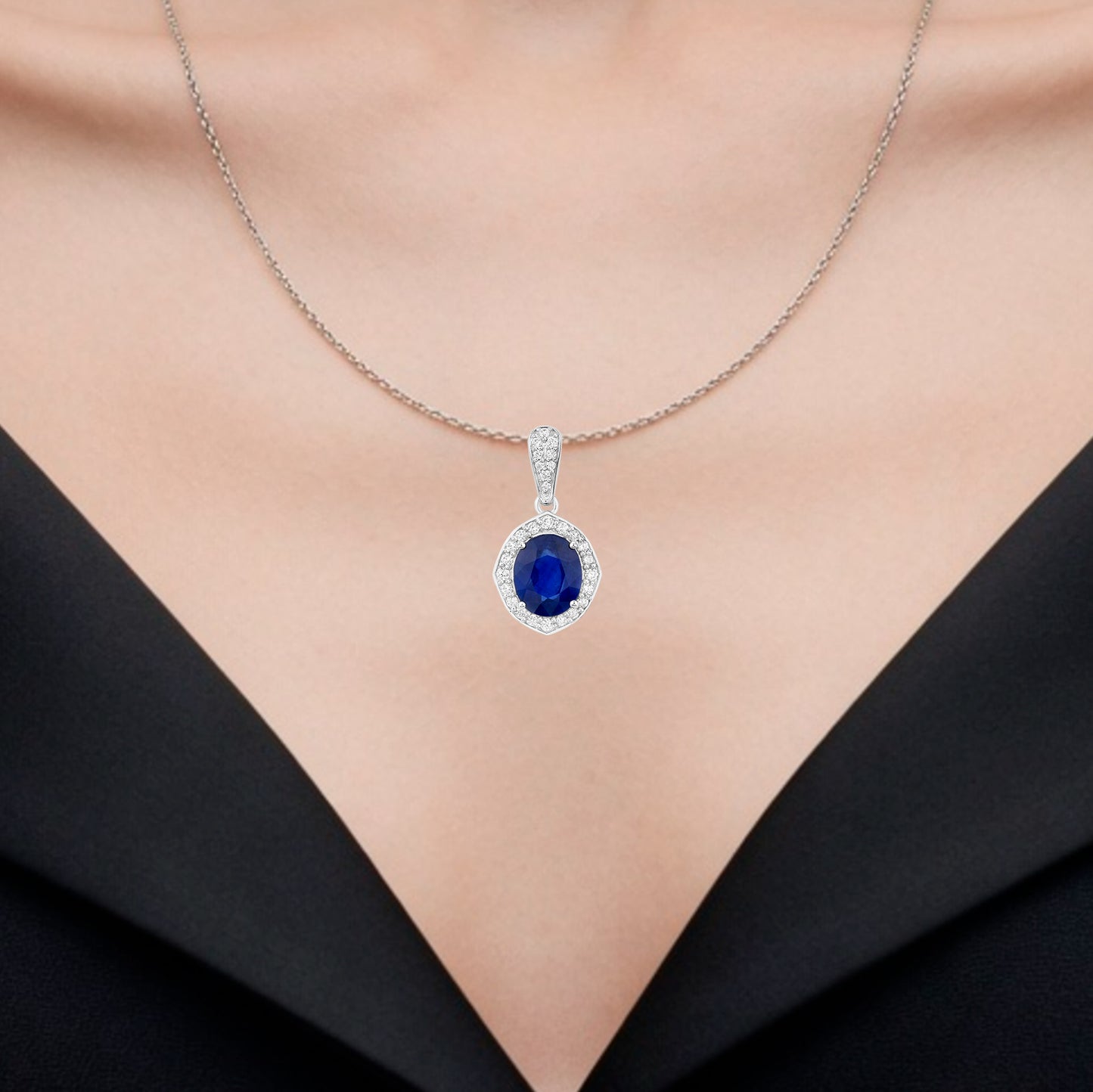Blue Sapphire Pendant With Diamonds 2.82 Carats 18K White Gold
