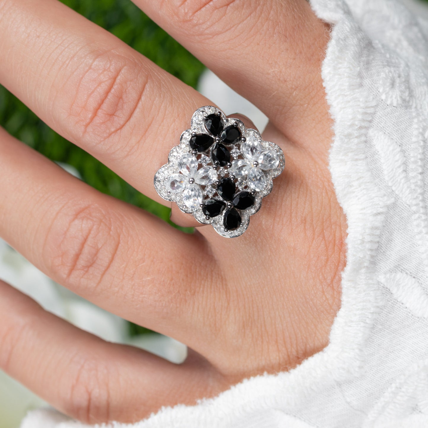 Flower Ring Black Spinels White Topazes 2.86 Carats Sterling Silver