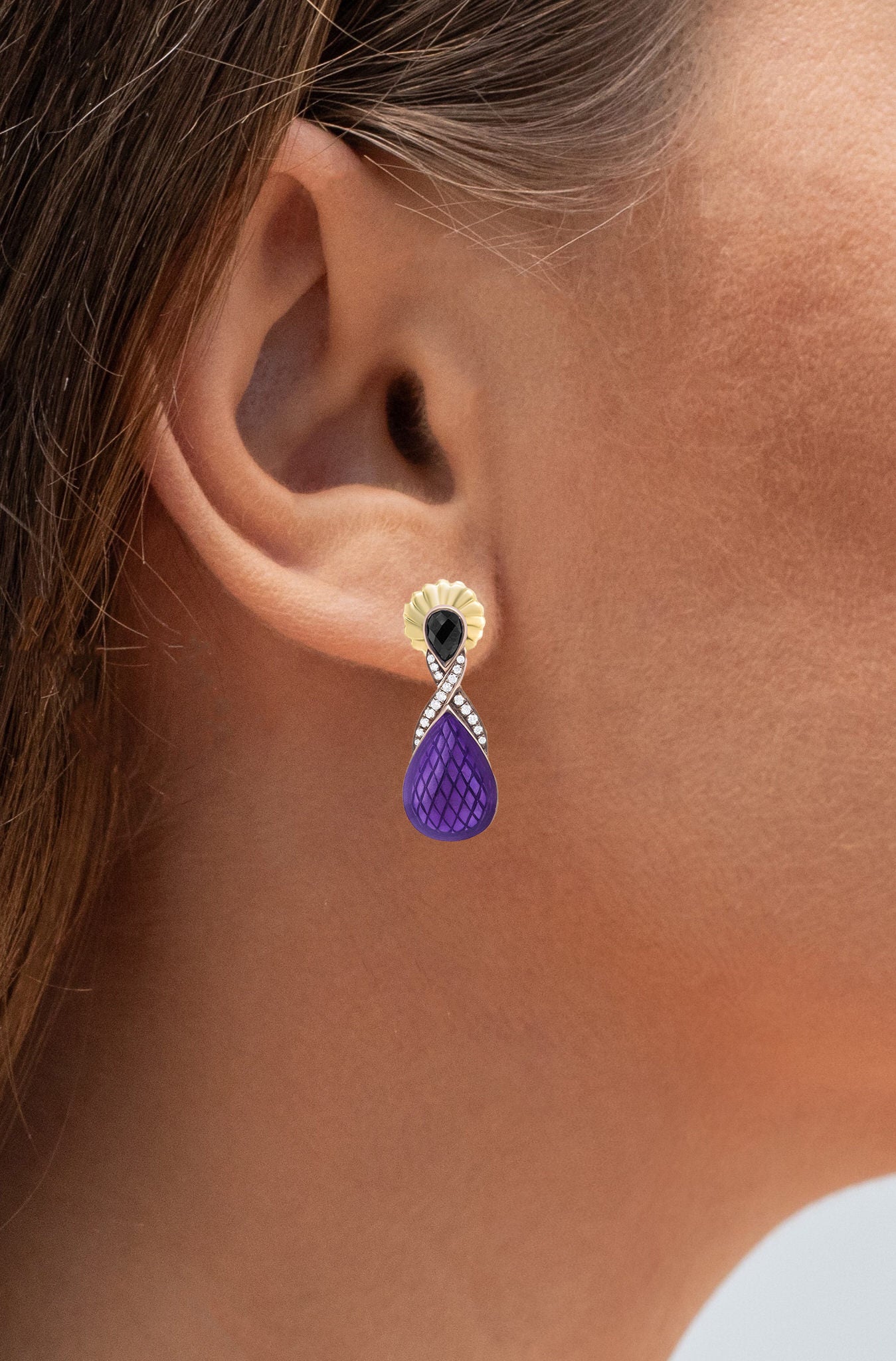 Purple Enamel Drop Earrings Diamonds and Onyx 18K Gold Plated