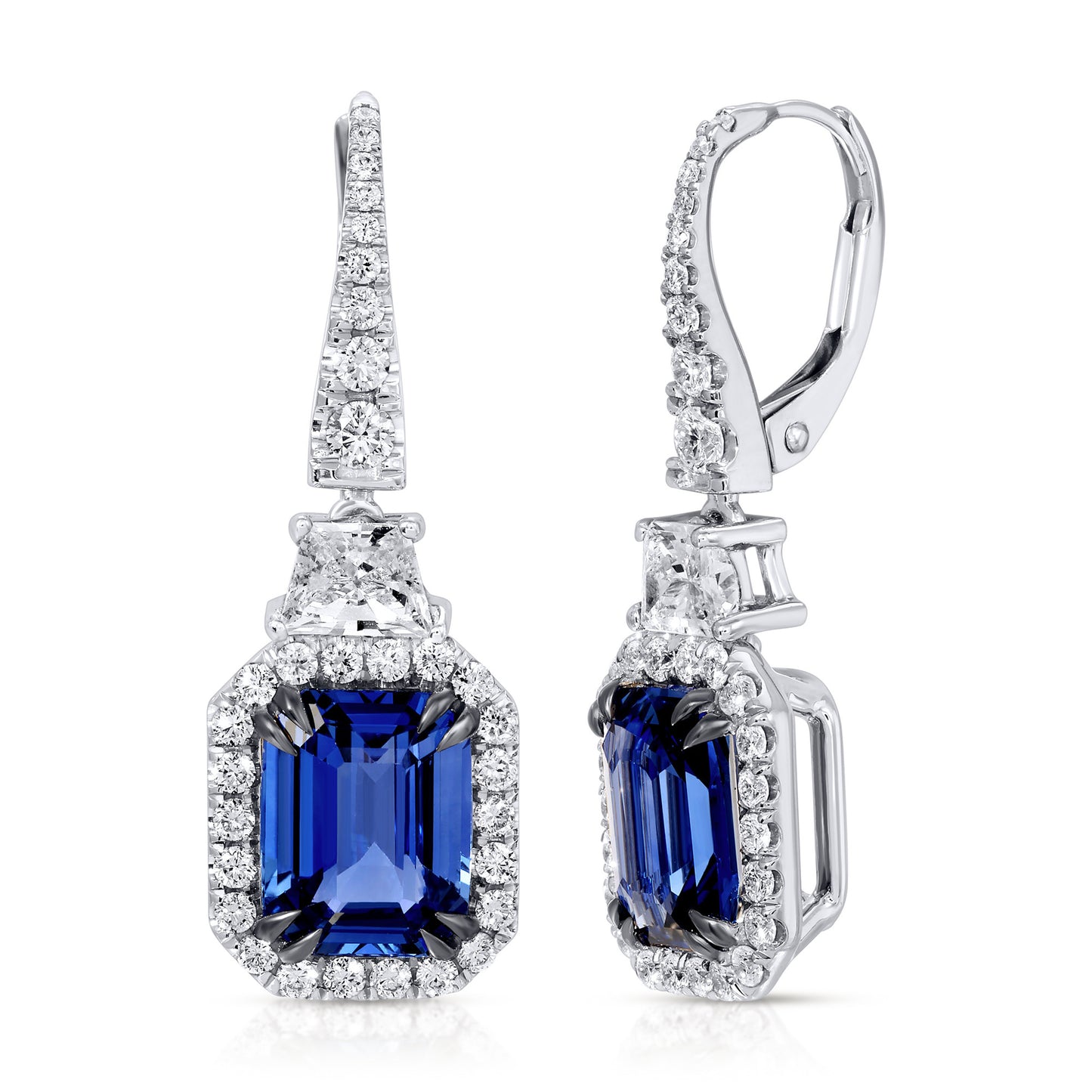 GIA Certified Blue Sapphire Dangle Earrings Diamond Halo 6.7 Carats 18K Gold