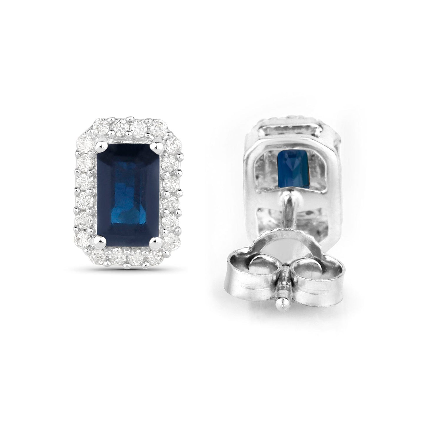 Blue Sapphire Earrings Diamond Halo 0.9 Carats 14K White Gold
