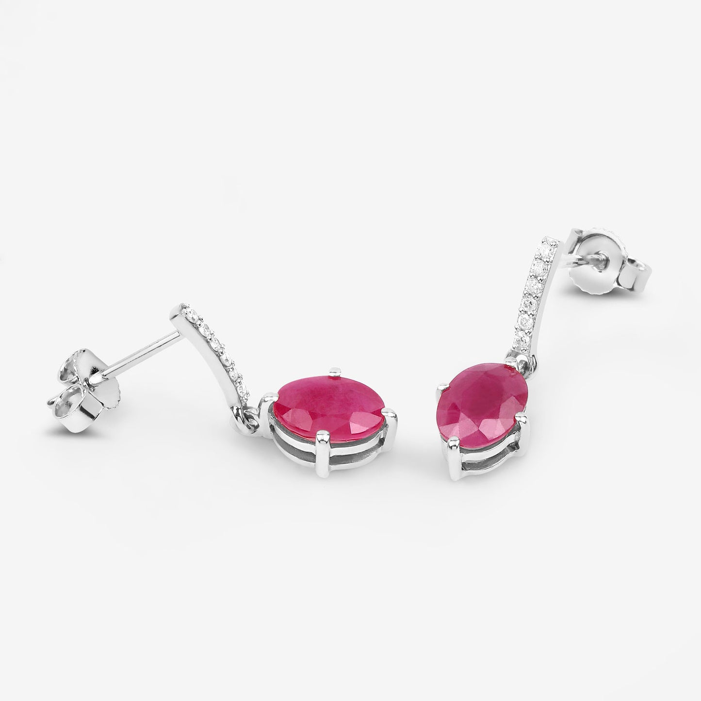 Ruby Dangle Earrings Diamonds 1.74 Carats 10K White Gold