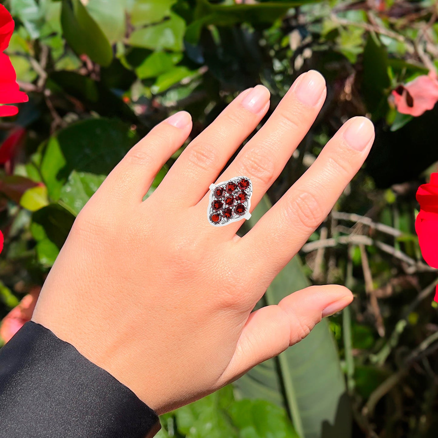 Garnet Cluster Ring 5.21 Carats Sterling Silver
