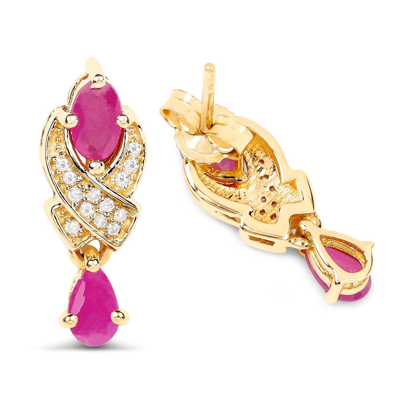 Ruby Dangle Earrings With Diamonds 1.06 Carats 14K Yellow Gold