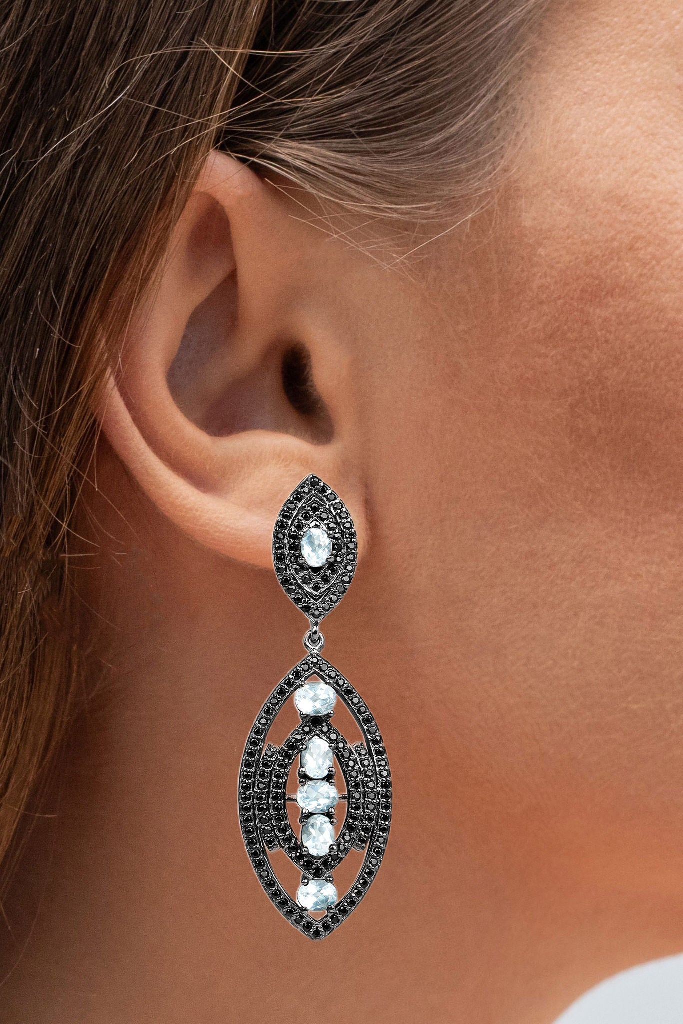 Blue Topaz Earrings With Black Spinel 8.78 Carats Sterling Silver