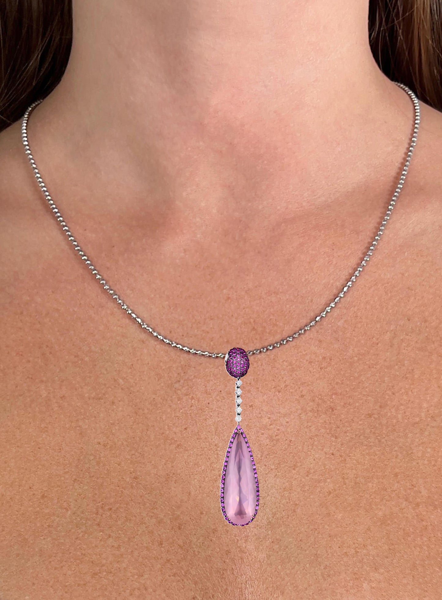 Rose Quartz Pendant Pink Sapphires and Diamonds 17 Carats 18K Gold