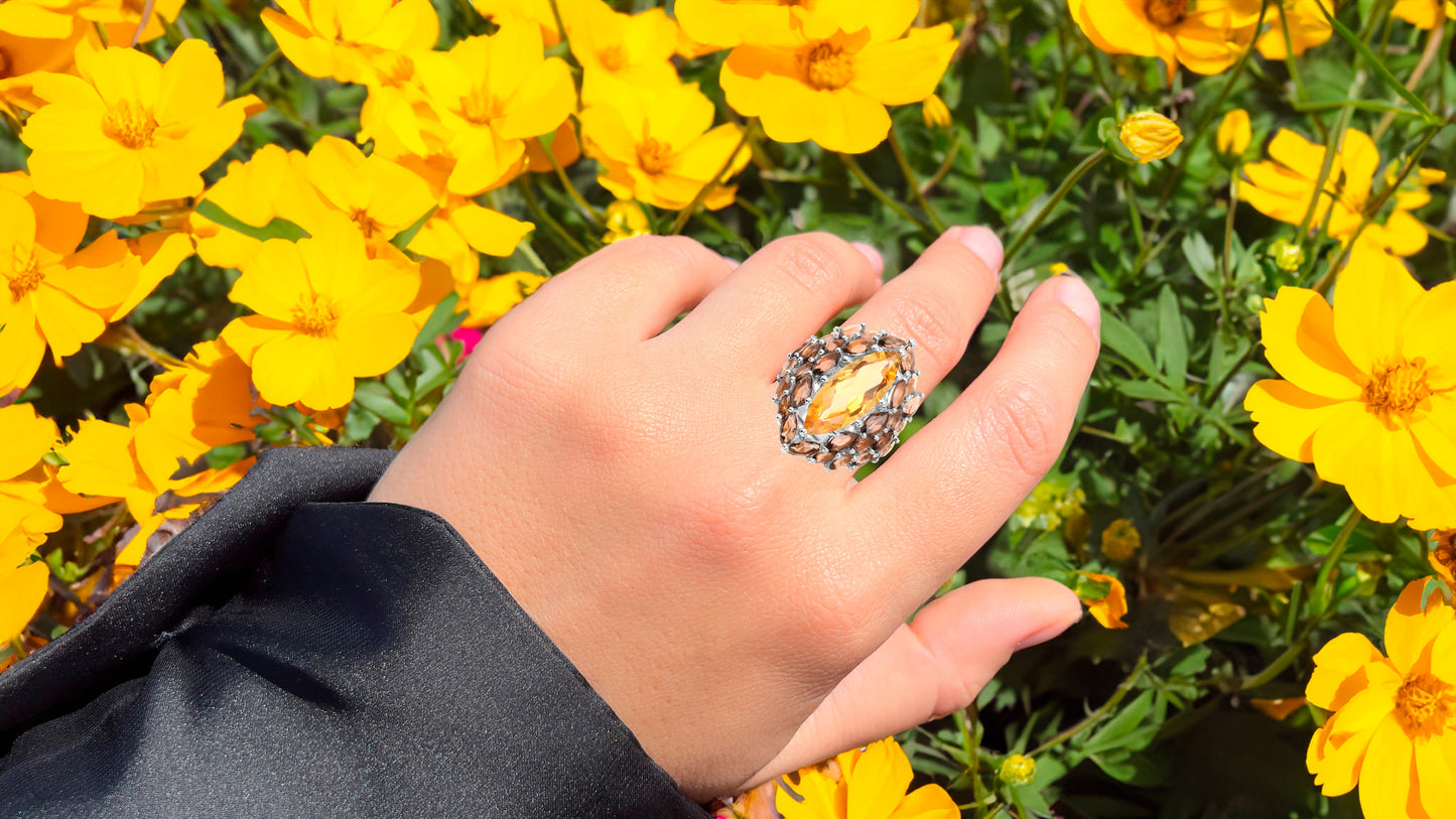 Marquise Cut Cocktail Ring Citrine and Smoky Quartz 6.20 Carats