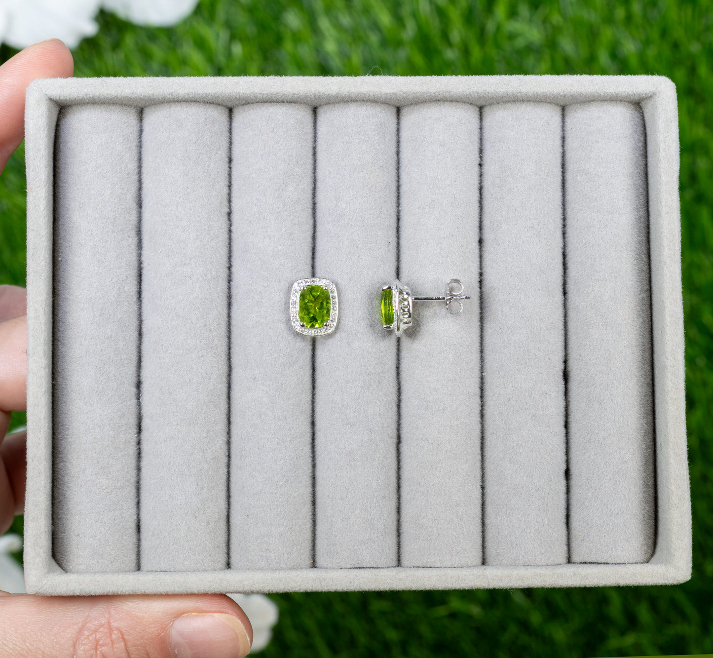Peridot Stud Earrings White Topaz Halo 3 Carats Sterling Silver