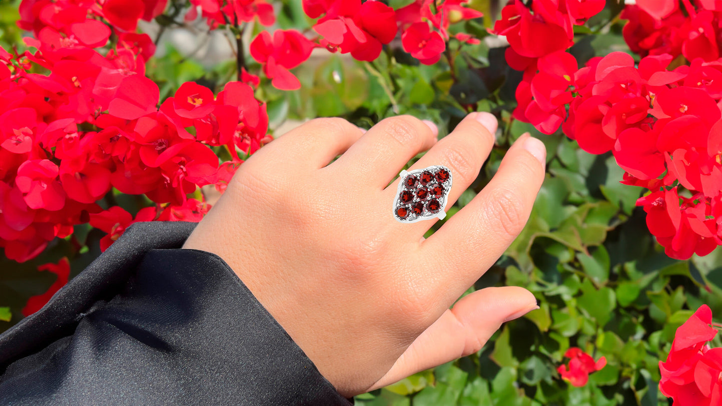Garnet Cluster Ring 5.21 Carats Sterling Silver
