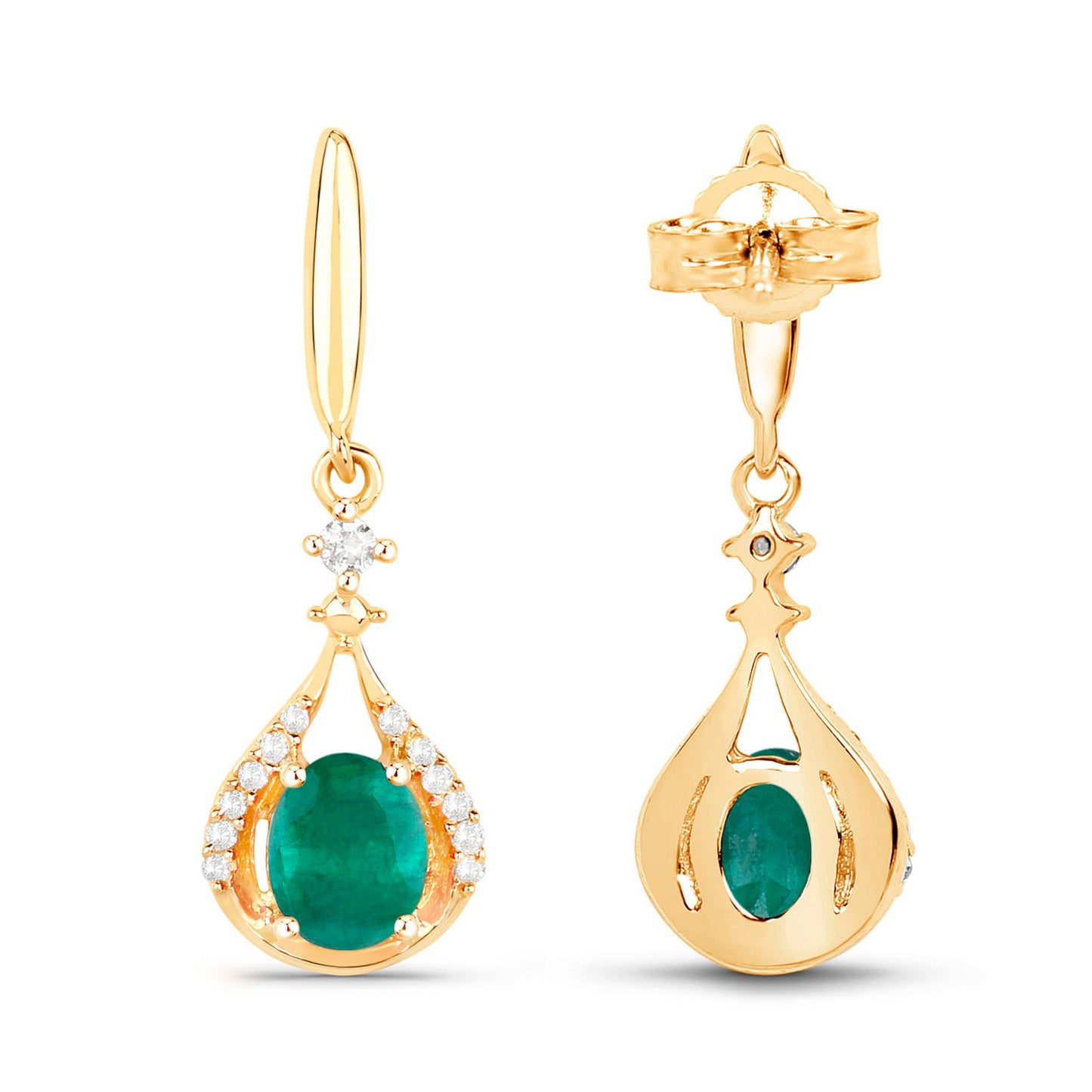 Zambian Emerald Dangle Earrings Diamonds 0.6 Carats 14K Yellow Gold