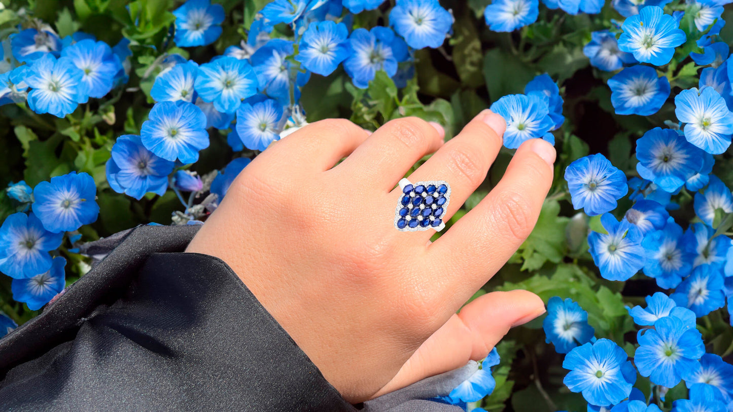 Blue Sapphire Cluster Ring White Zircon 3.49 Carats