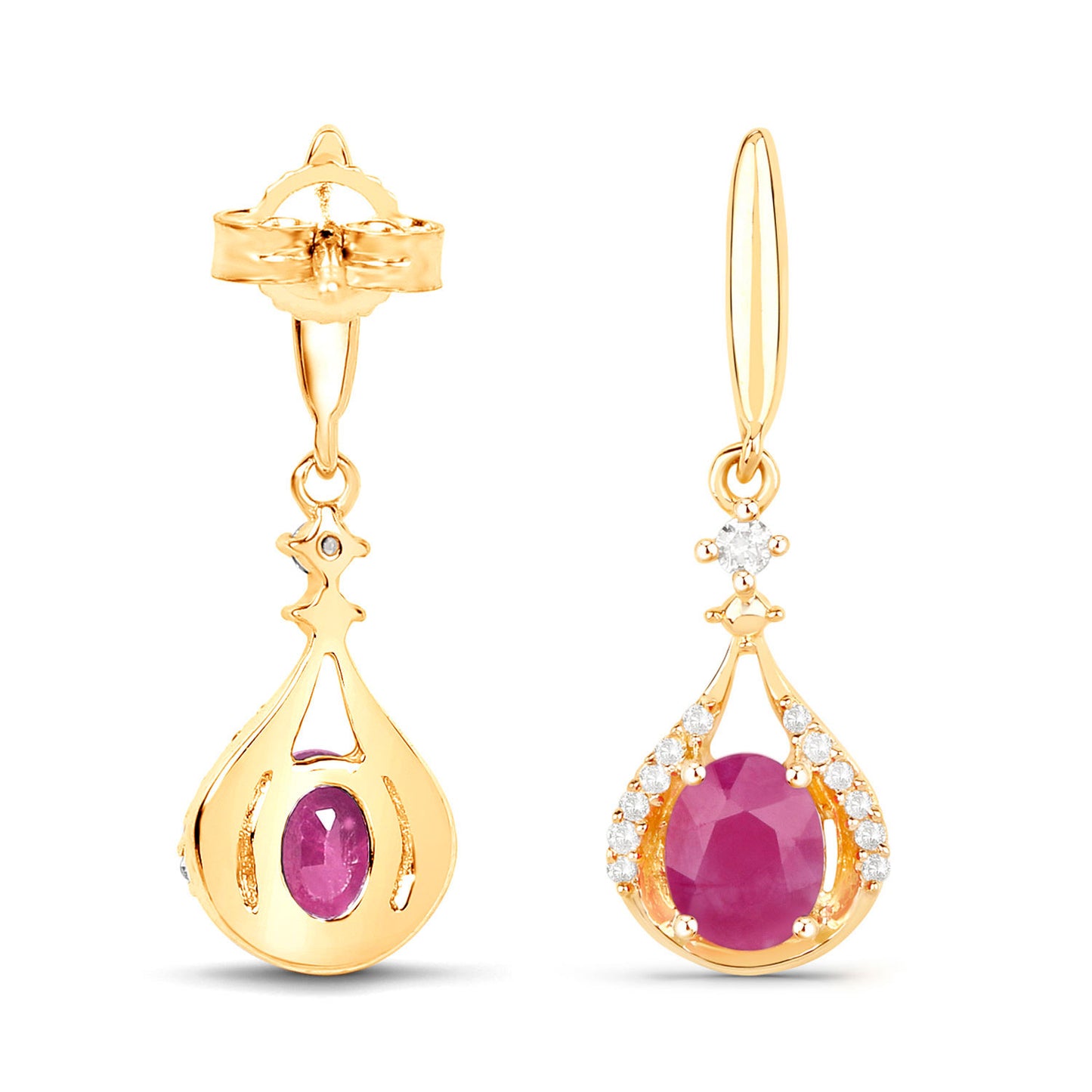 Ruby Dangle Earrings Diamonds 14K Yellow Gold