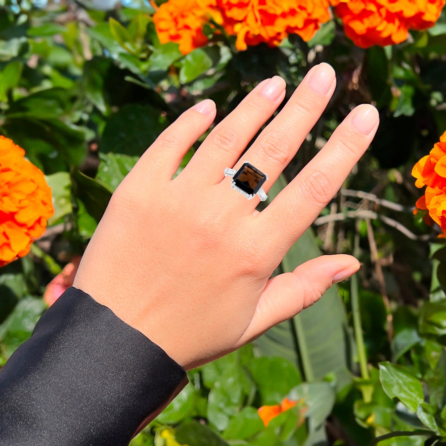 Smoky Quartz Ring White Topaz 8.78 Carats Sterling Silver