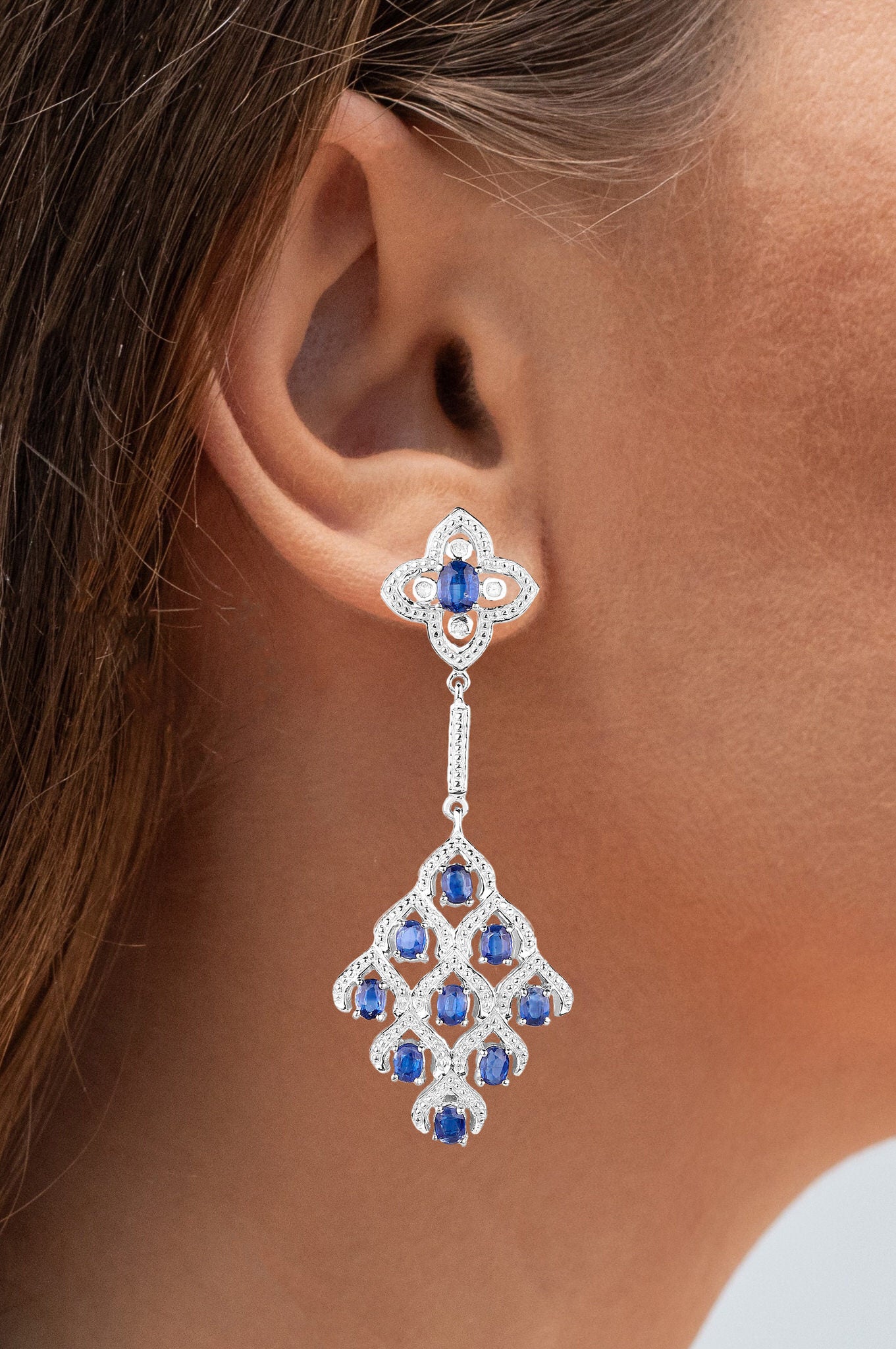 Kyanite Chandelier Earrings With White Topaz 5.6 Carats Rhodium Plated Silver