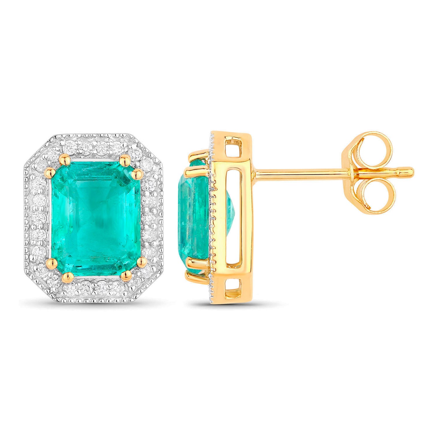 Ethiopian Emerald Stud Earrings Diamond Halo 2.9 Carats 14K Yellow Gold