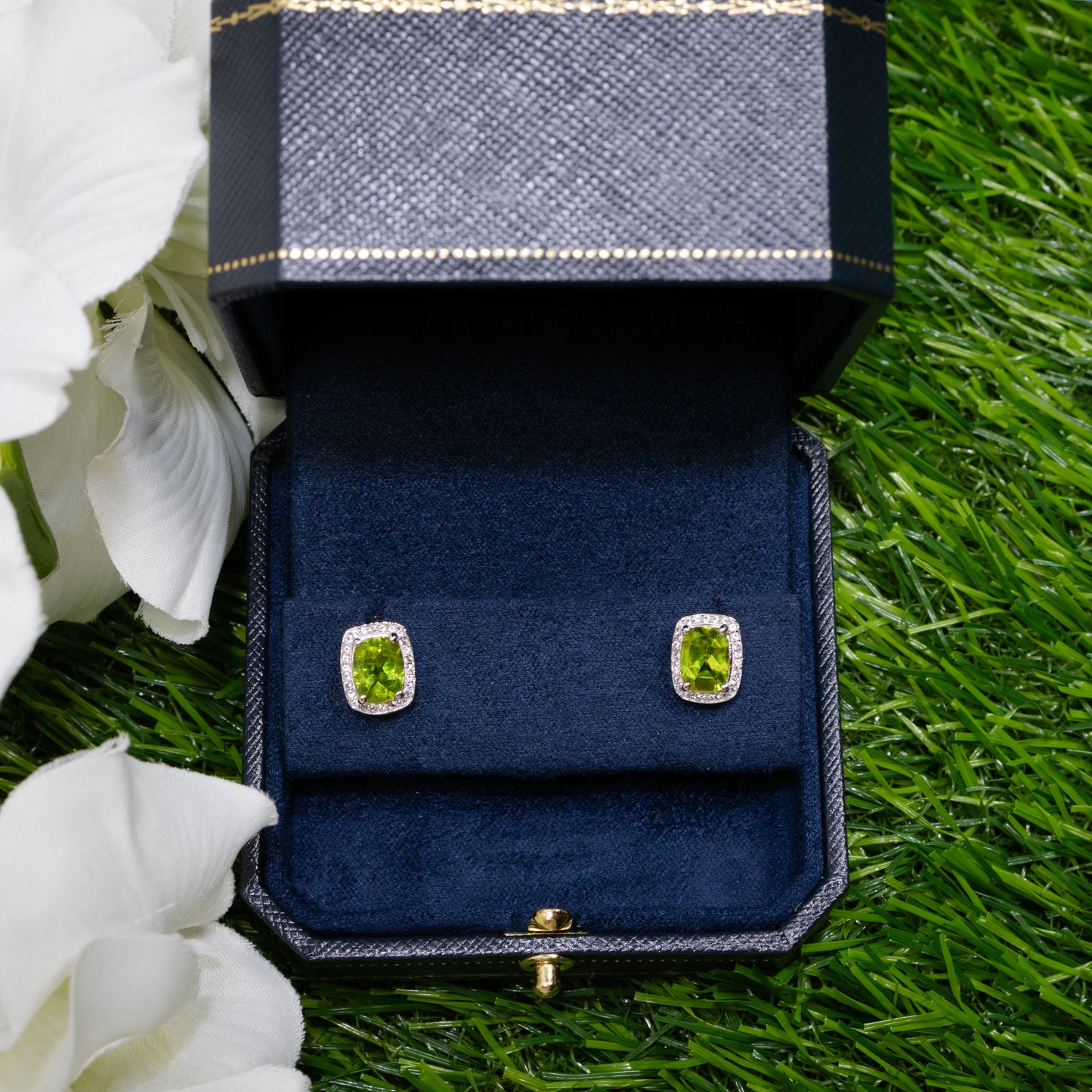 Peridot Stud Earrings White Topaz Halo 3 Carats Sterling Silver