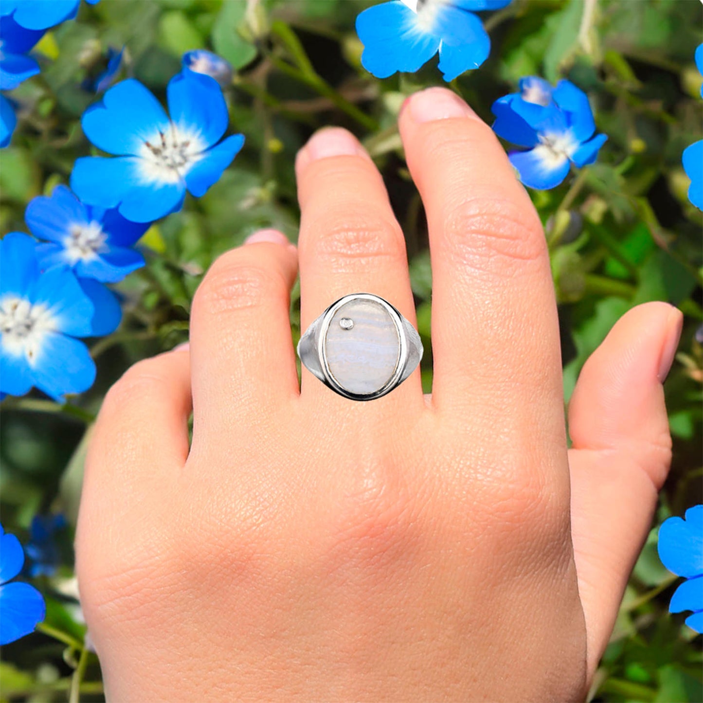 Blue Lace Agate Ring With Diamonds 1.68 Carats Sterling Silver