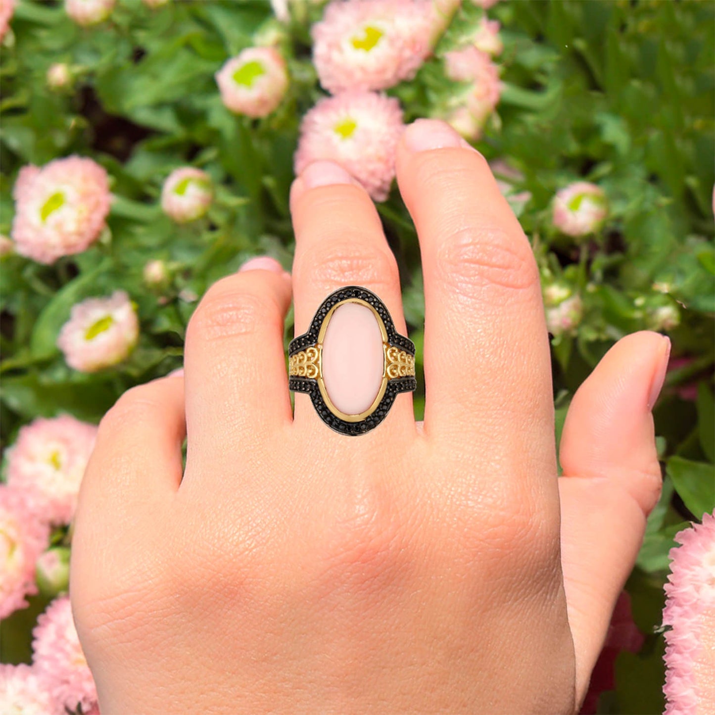 Natural Pink Opal Ring With Black Spinel 9.67 Carats Gold Plated Silver