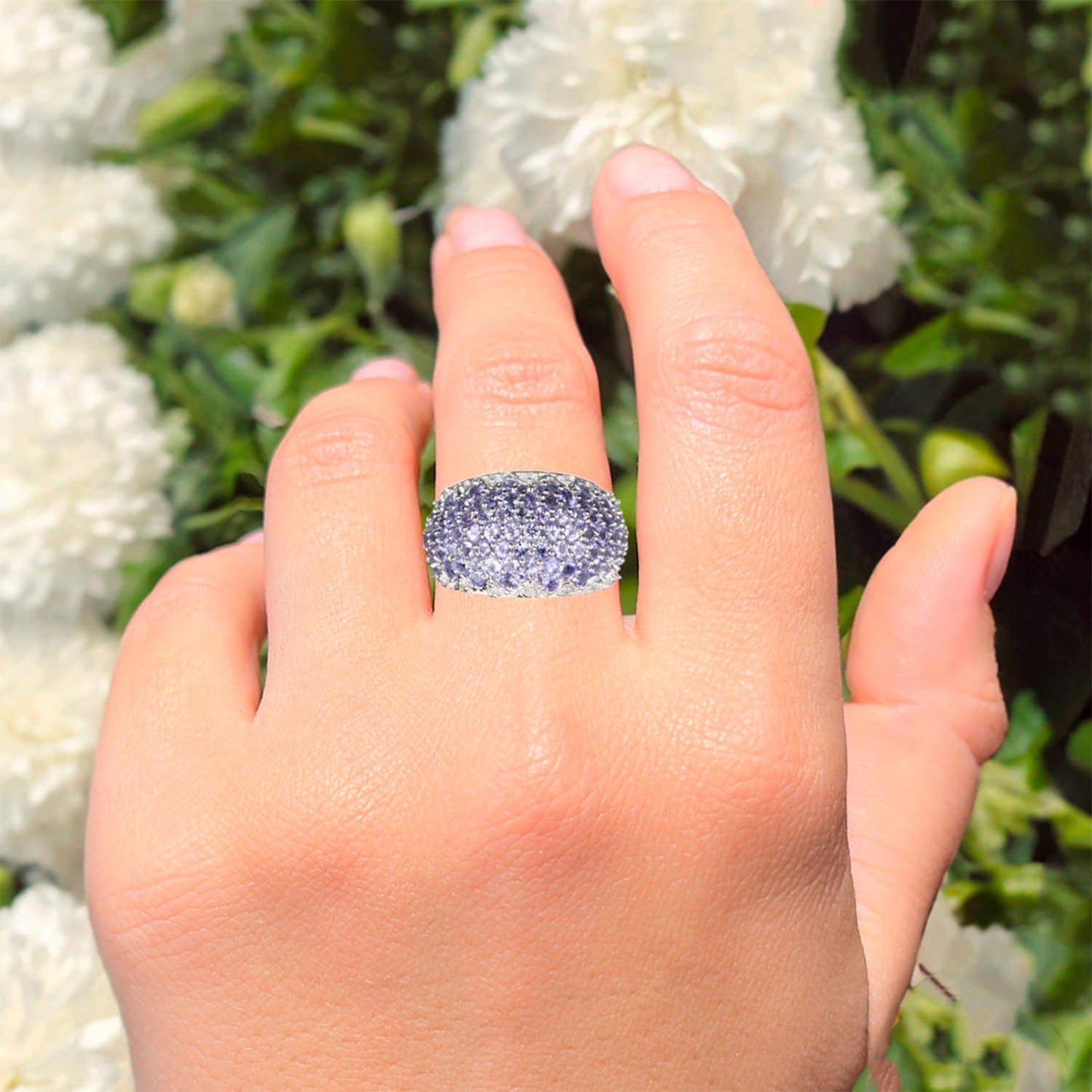 Natural Tanzanite Cluster Ring With Diamonds 3.01 Carats Sterling Silver