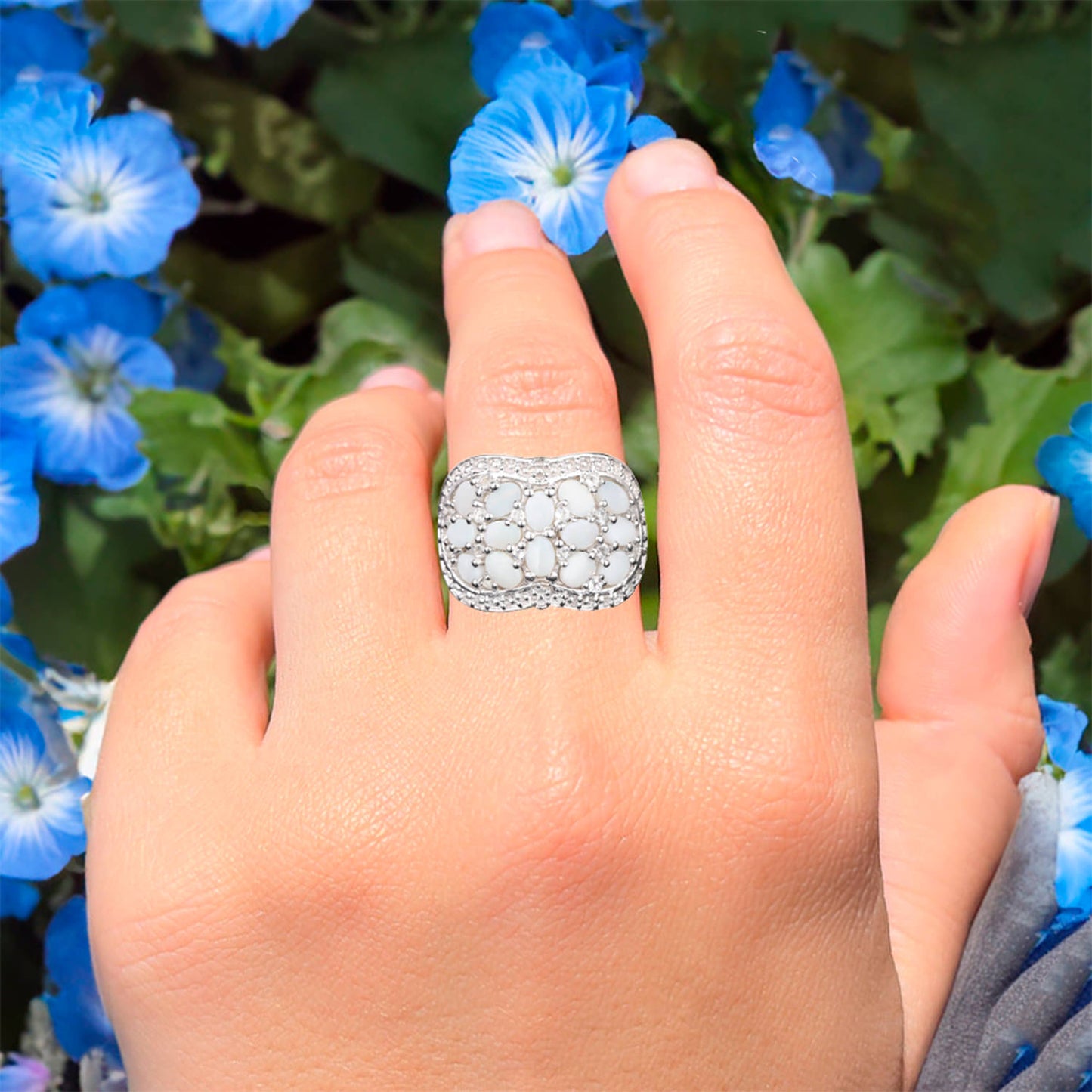 Natural Opal Ring With White Topaz 1.92 Carats Sterling Silver