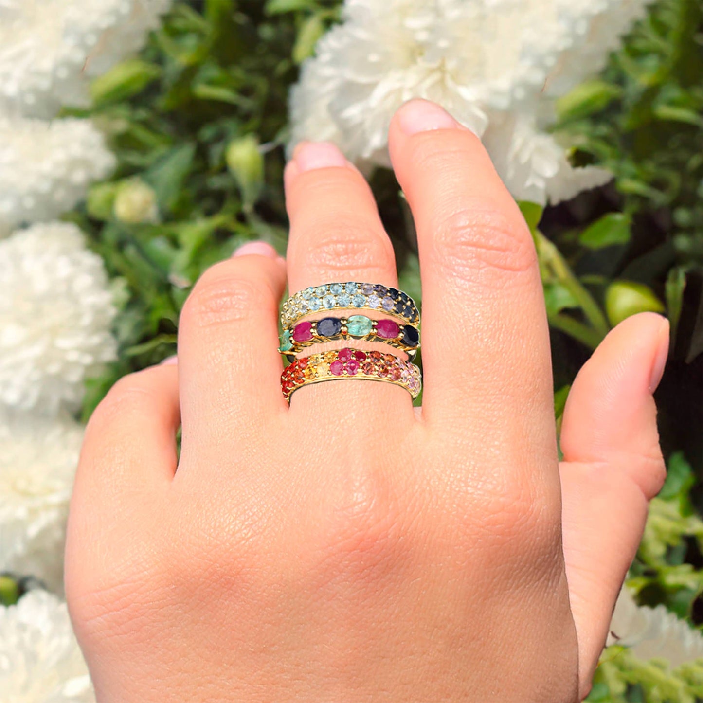 Natural Mixed Gemstones Ring 3.23 Carats Gold Plated Silver
