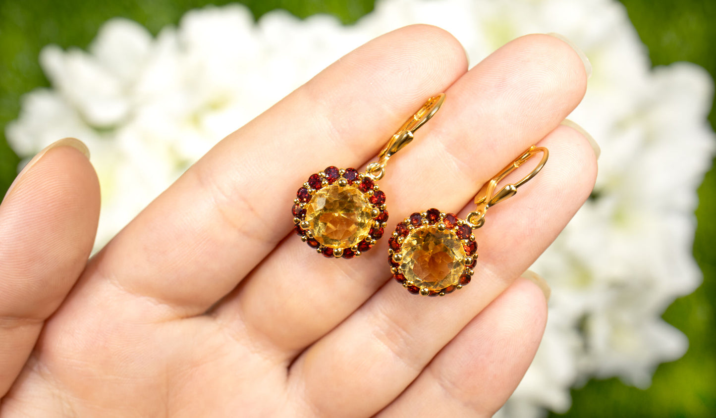 Citrine Earrings With Garnet 8.4 Carats Gold Plated Silver