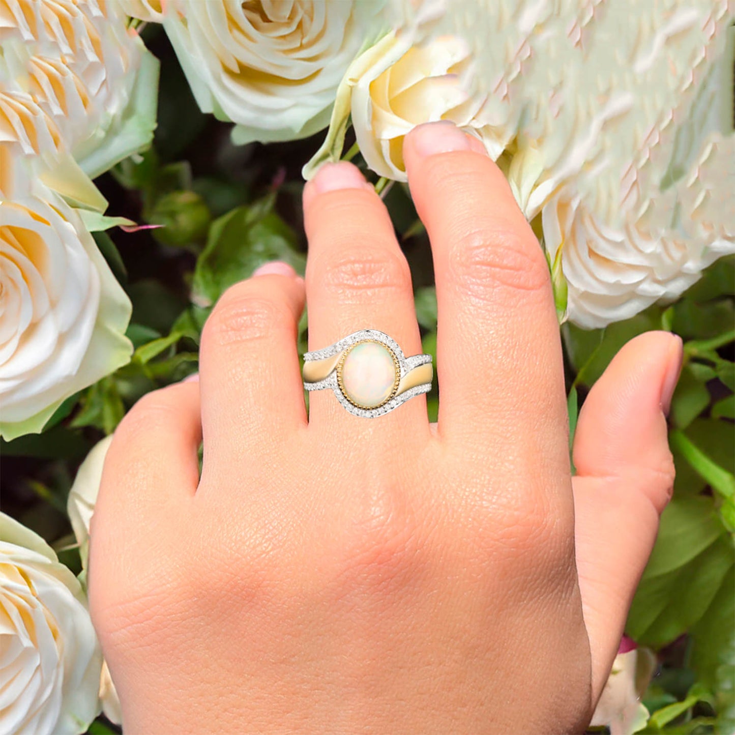 Natural Ethiopian Opal Ring With White Zircon 2.65 Carats Gold Plated Silver