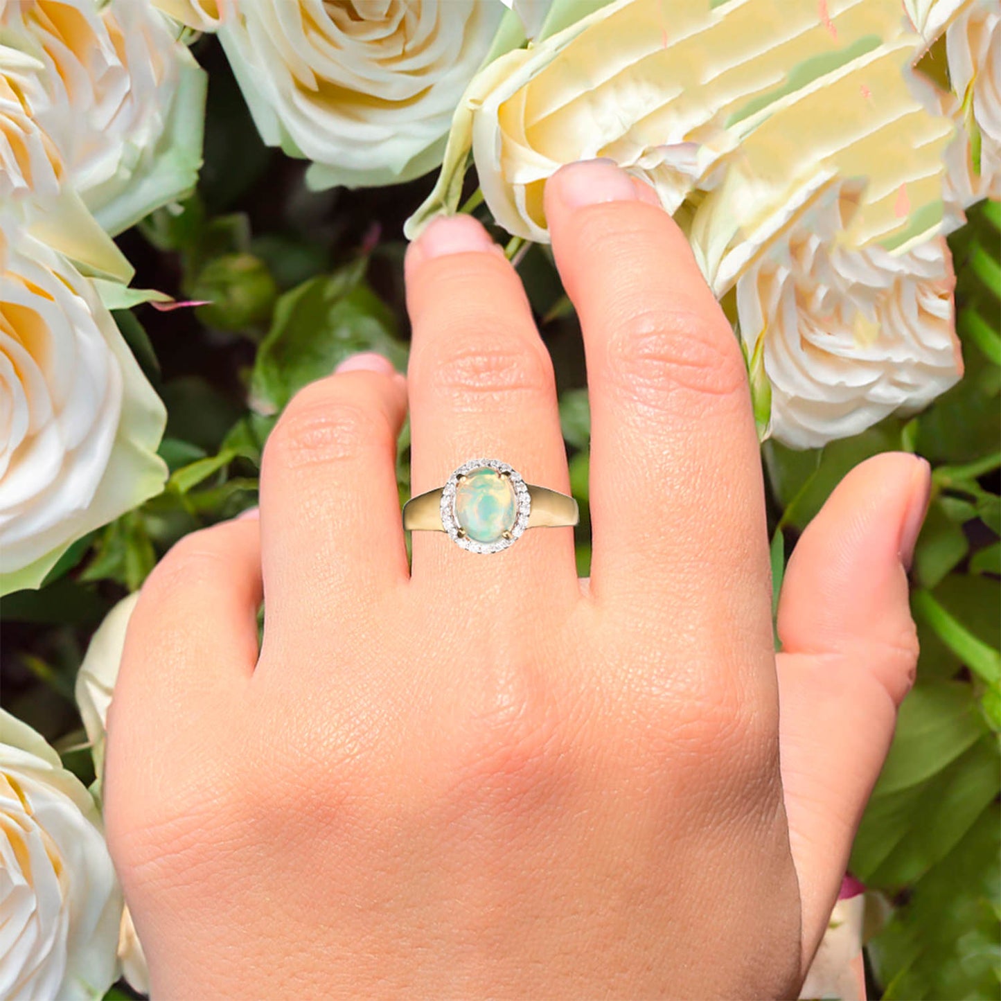Natural Ethiopian Opal Ring With White Zircon 1.33 Carats Gold Plated Silver