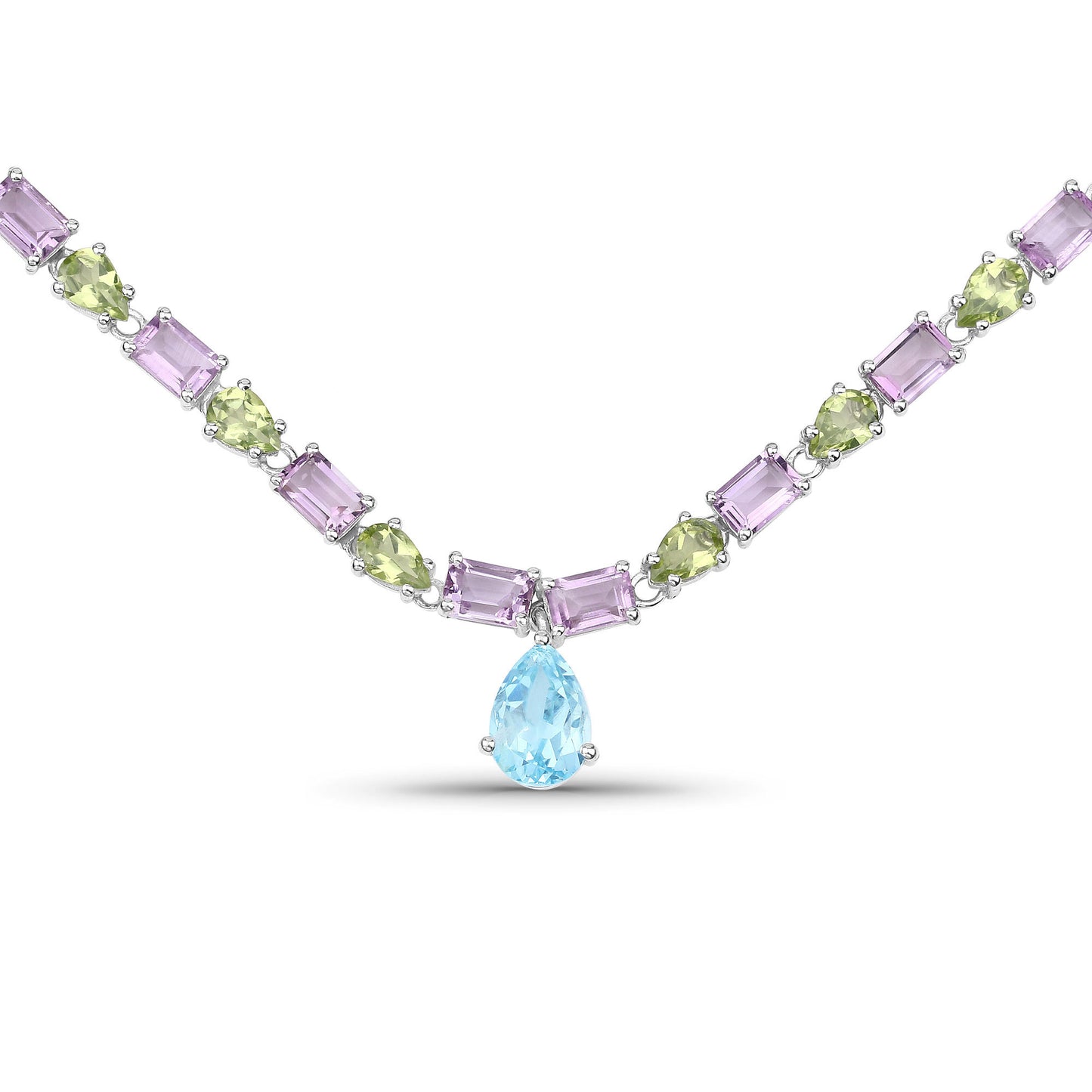 Natural Blue Topaz Amethyst and Peridot Eternity Necklace 32 Carats Silver