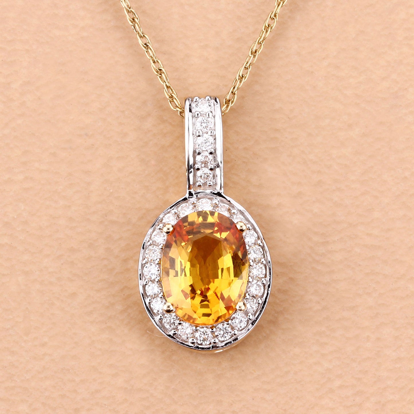 Natural Yellow Sapphire and Diamond Halo Pendant 1.80 Carats 14K Yellow Gold