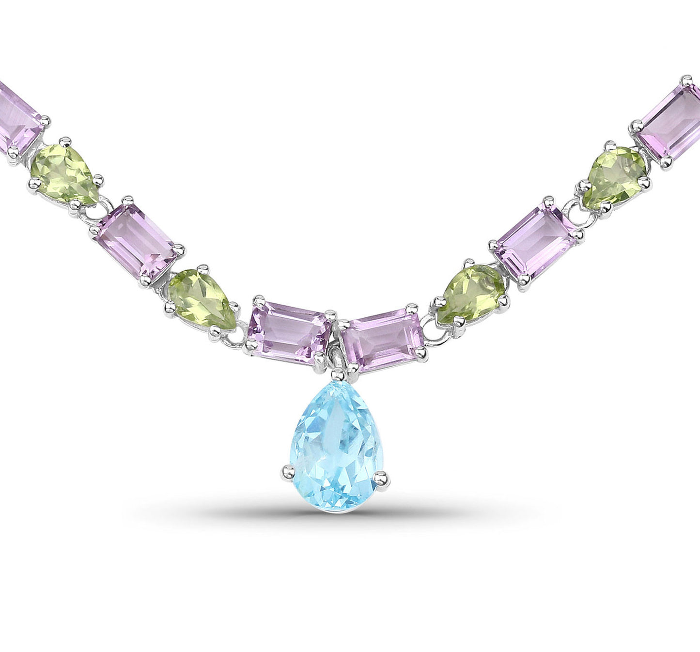 Natural Blue Topaz Amethyst and Peridot Eternity Necklace 32 Carats Silver