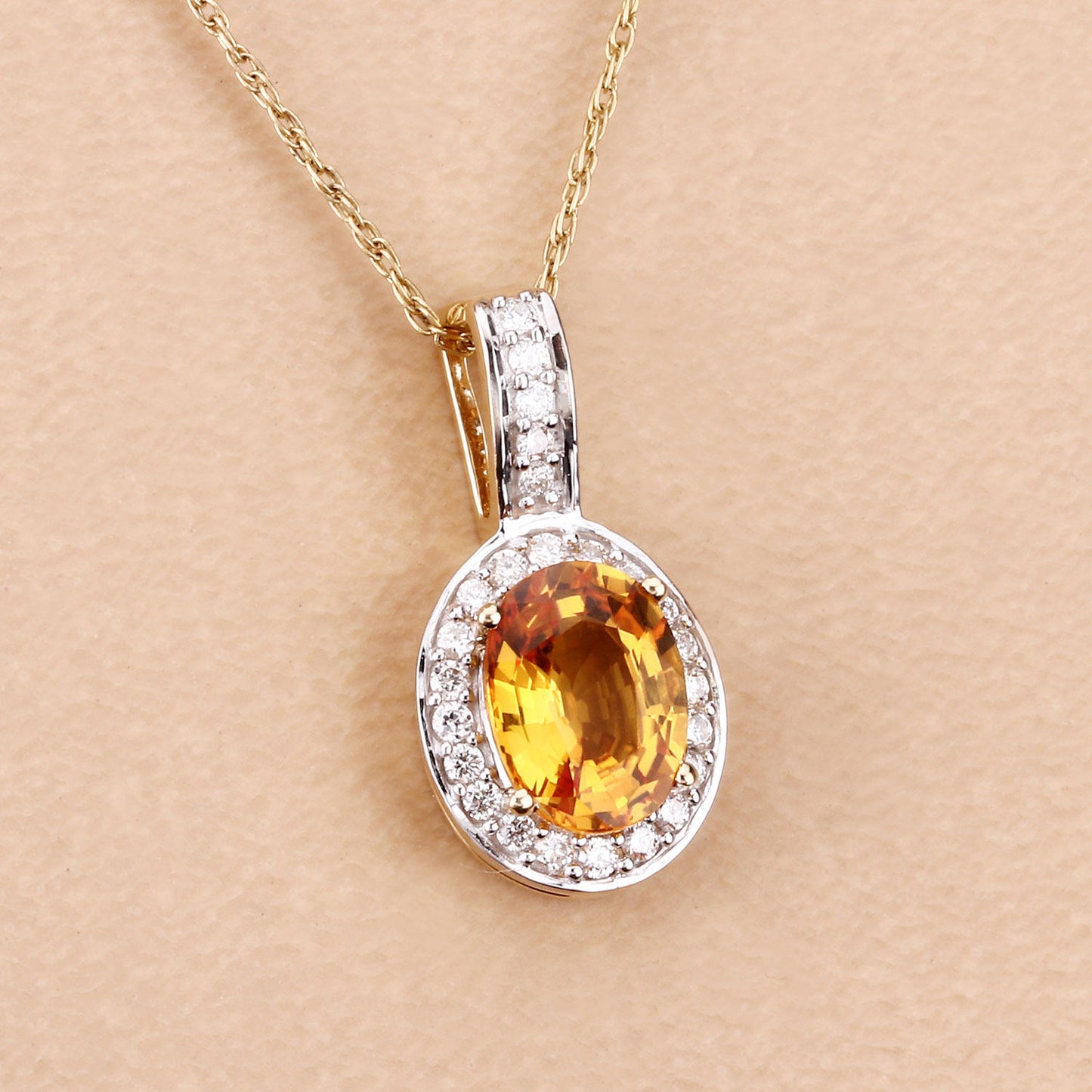 Natural Yellow Sapphire and Diamond Halo Pendant 1.80 Carats 14K Yellow Gold