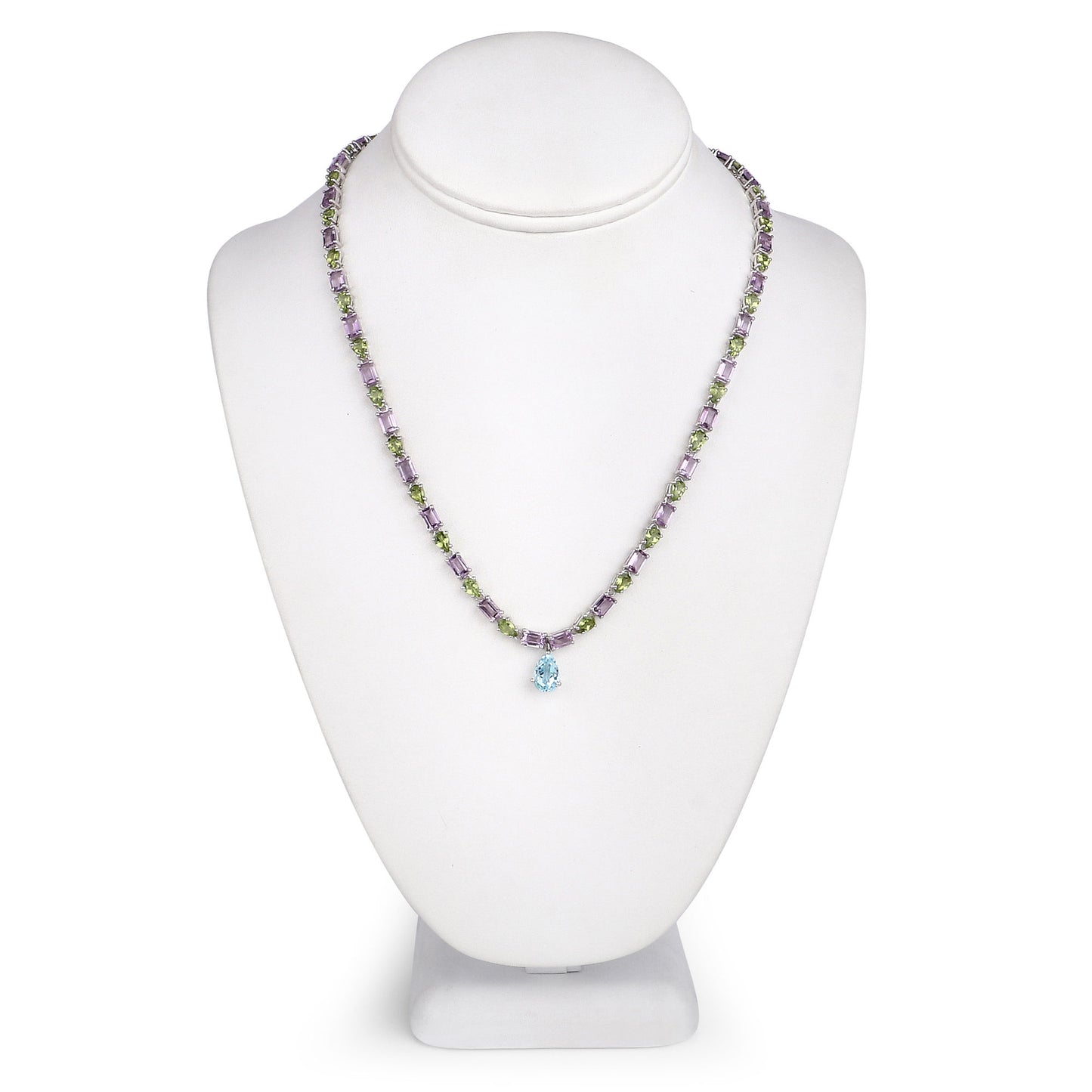 Natural Blue Topaz Amethyst and Peridot Eternity Necklace 32 Carats Silver